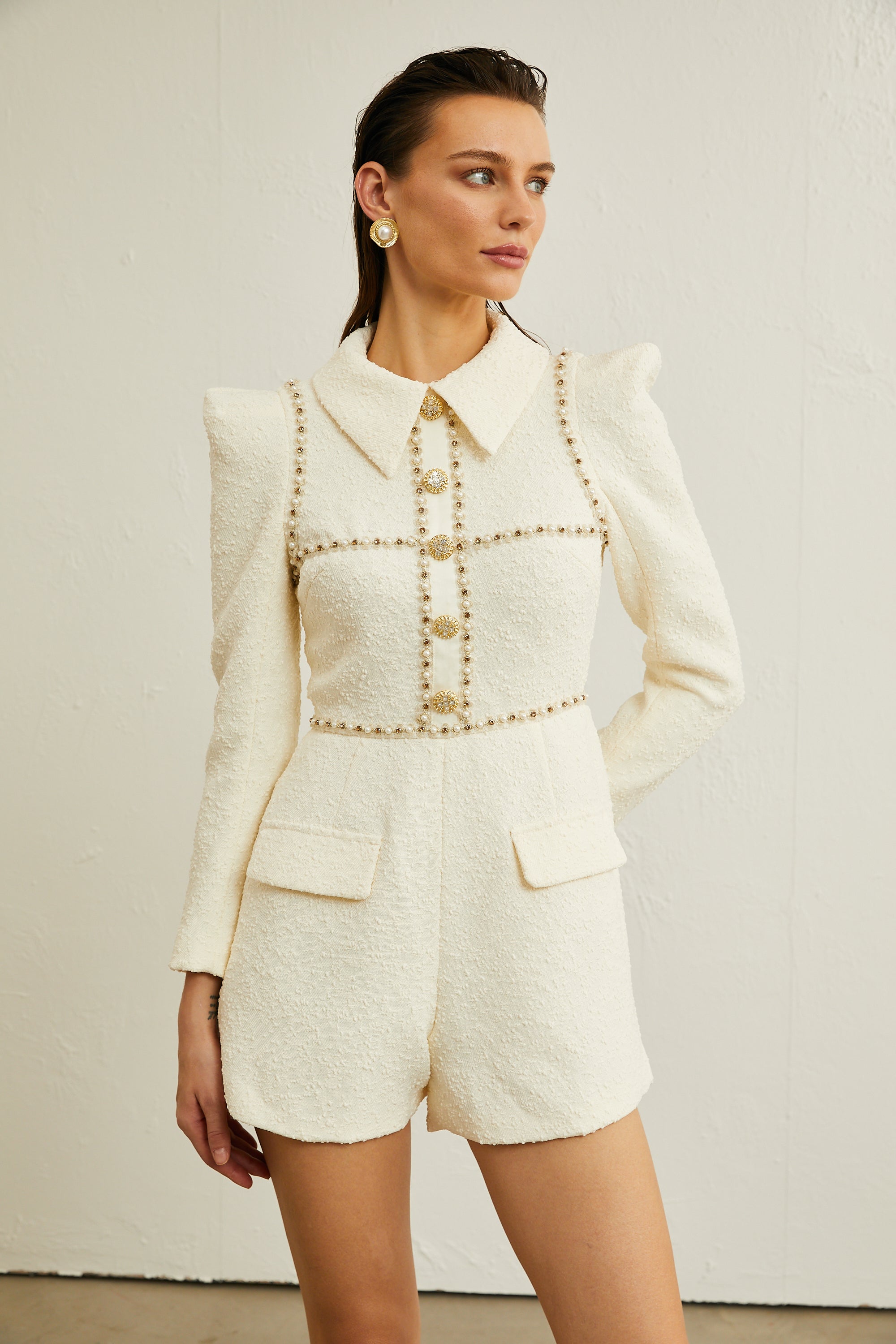 Irina faux-pearl tweed bodysuit