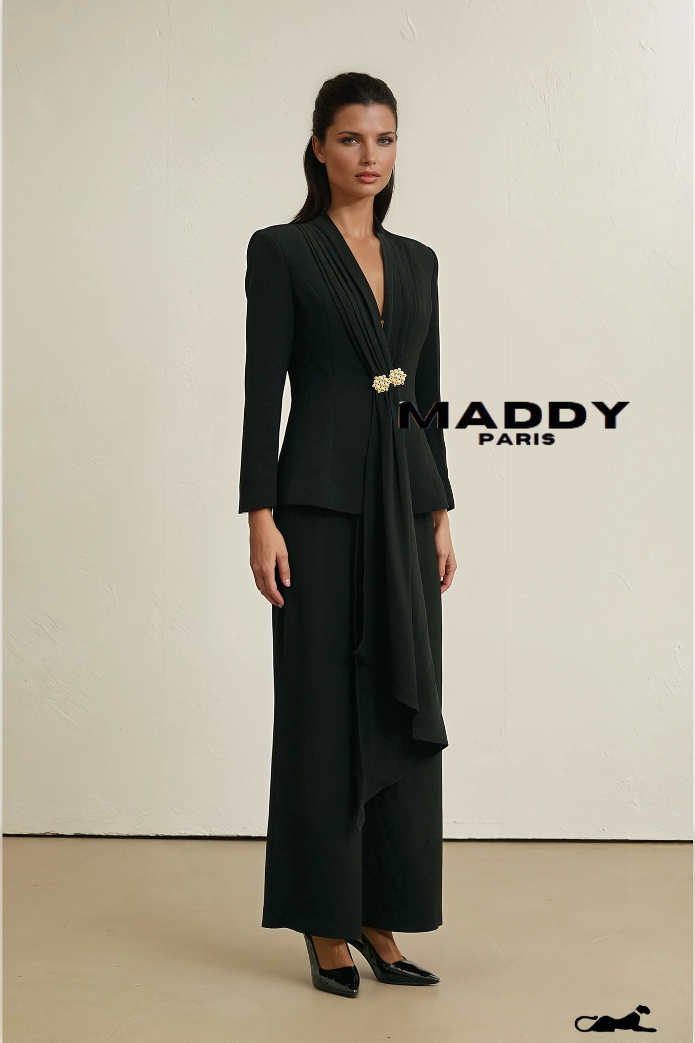Suzanne black pleated jacket & trousers matching set