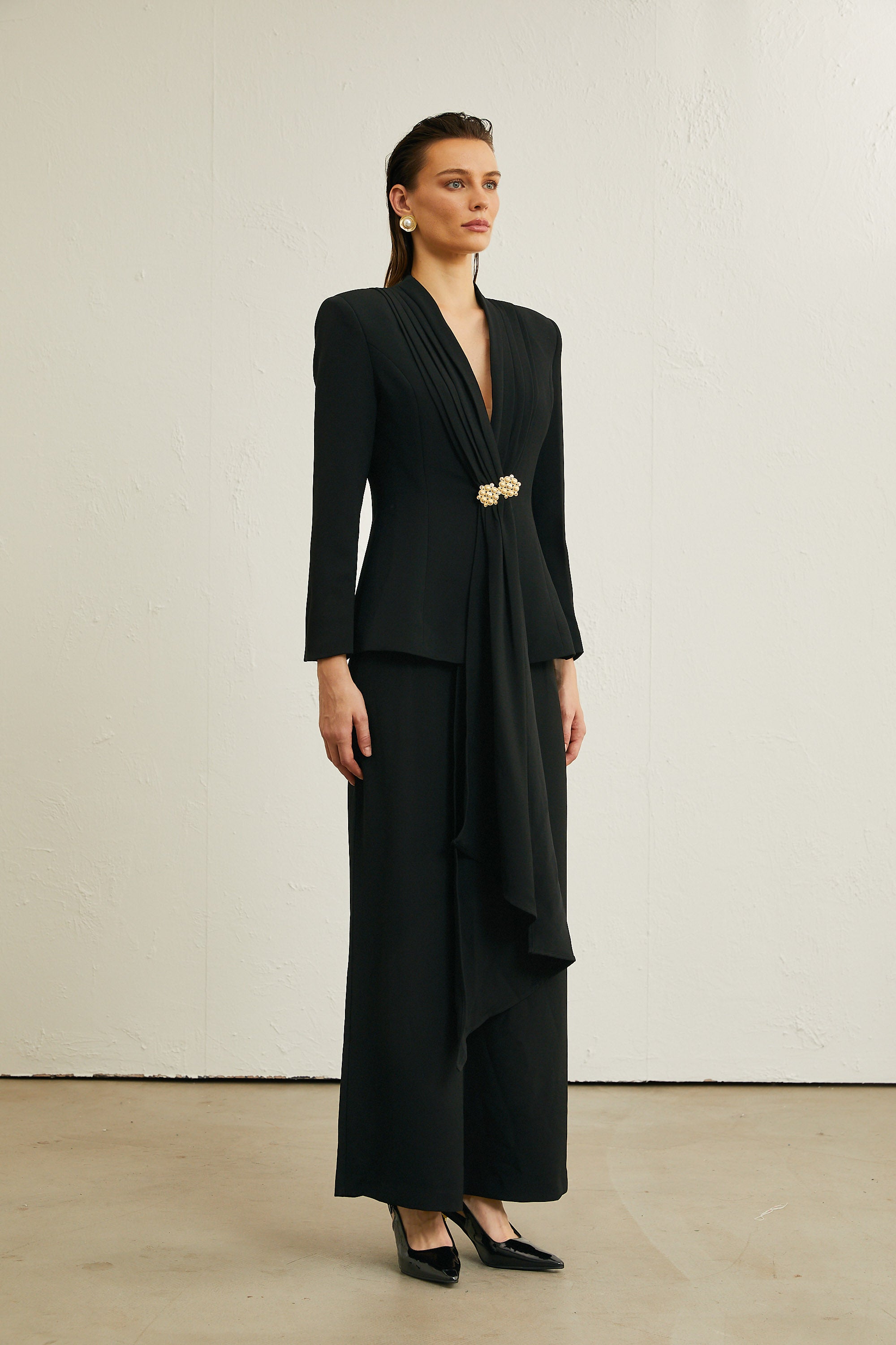 Suzanne black pleated jacket & trousers matching set (Final Sale-US Only)