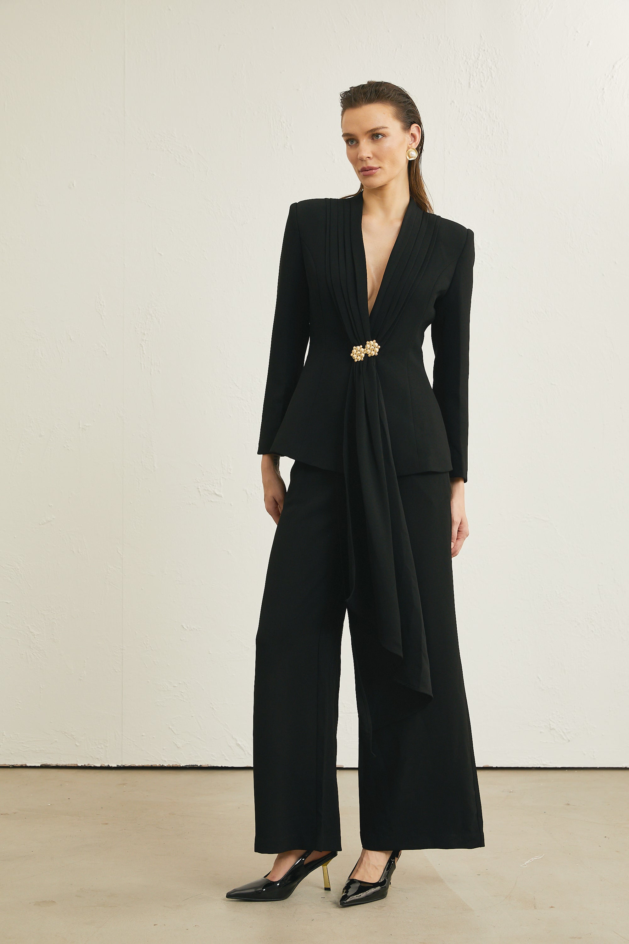 Suzanne black pleated jacket & trousers matching set (Final Sale-US Only)