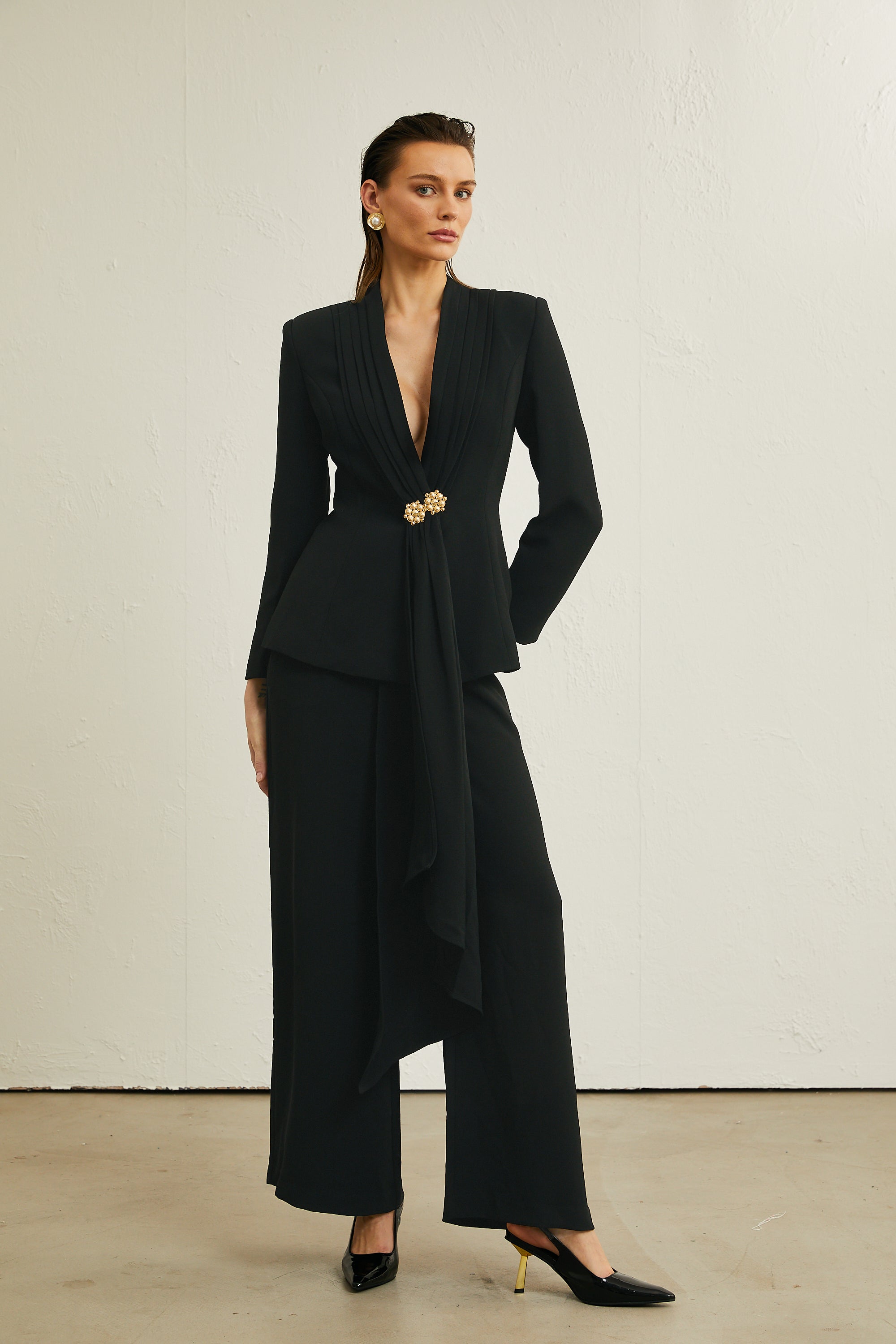 Suzanne black pleated jacket & trousers matching set (Final Sale-US Only)