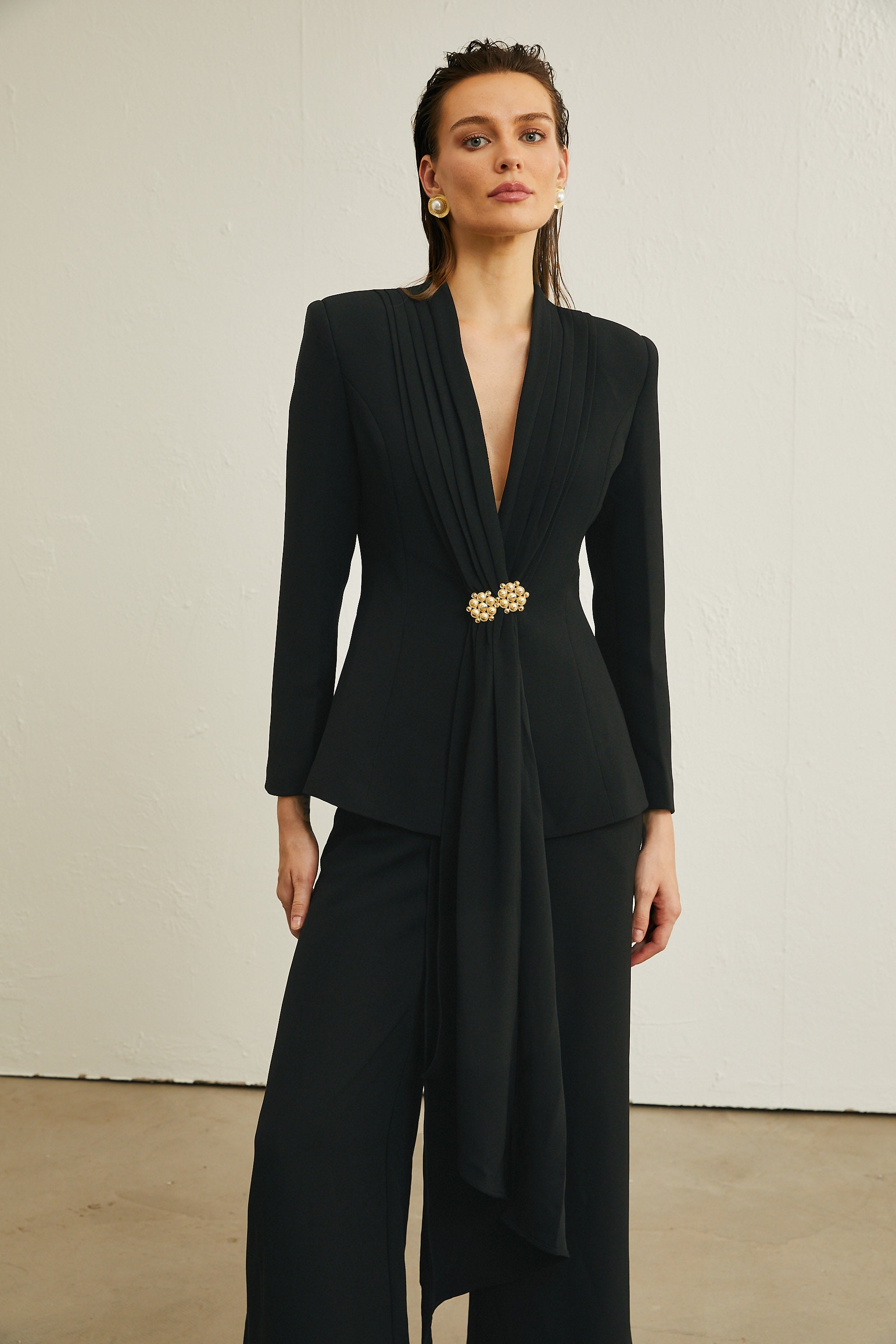 Suzanne black pleated jacket & trousers matching set (Final Sale-US Only)