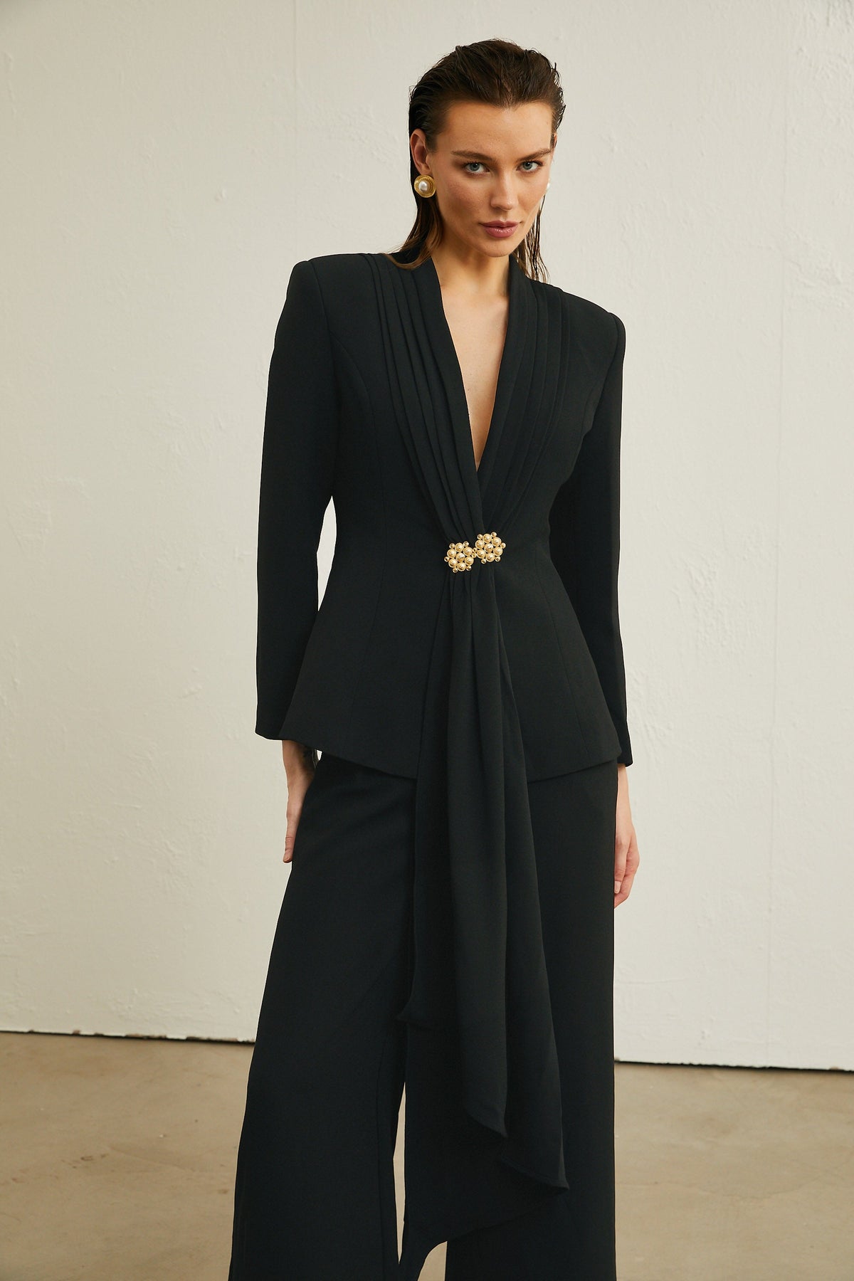 Suzanne black pleated jacket & trousers matching set (Final Sale-US Only)
