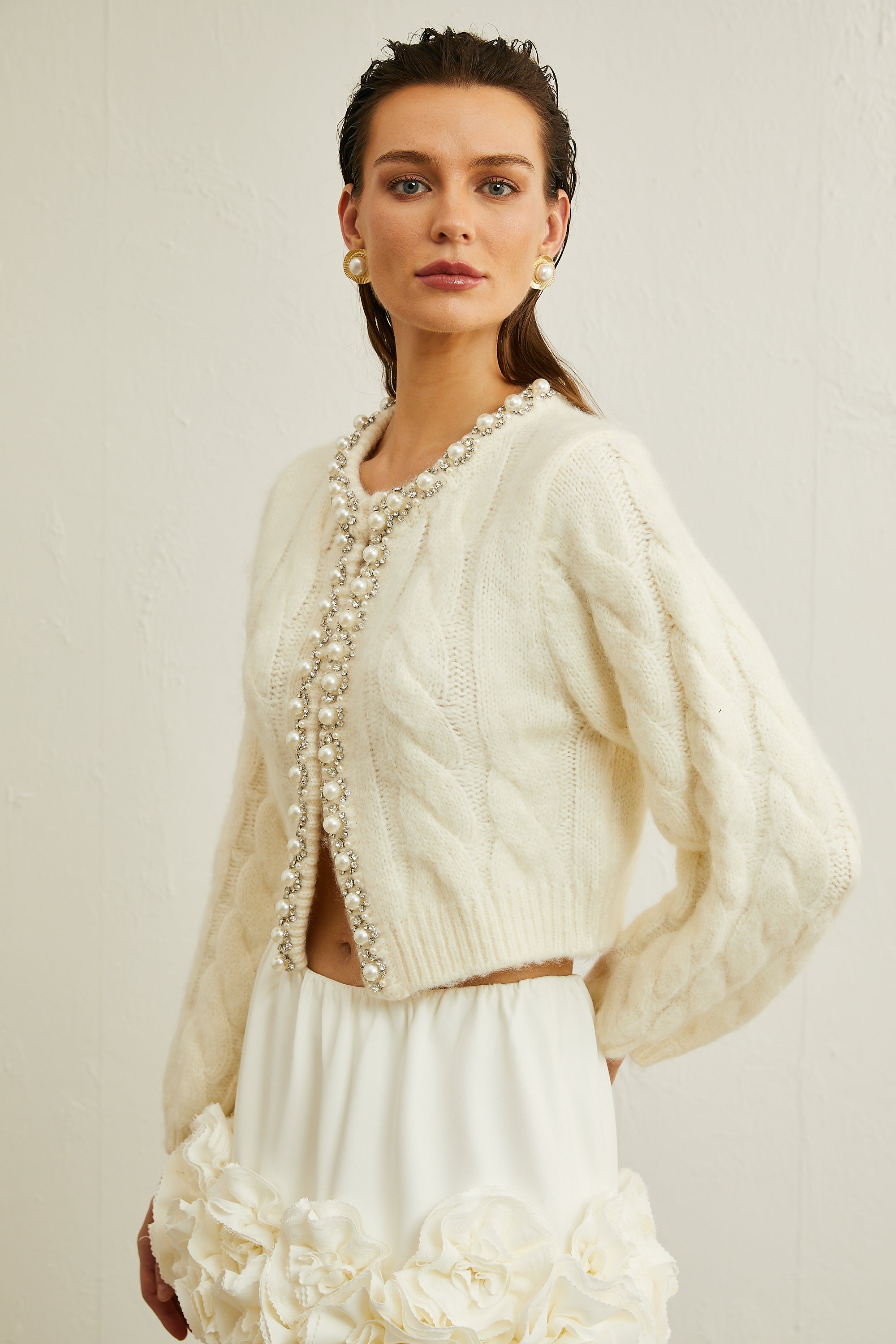 Inès faux-pearl embellished knitted jacket