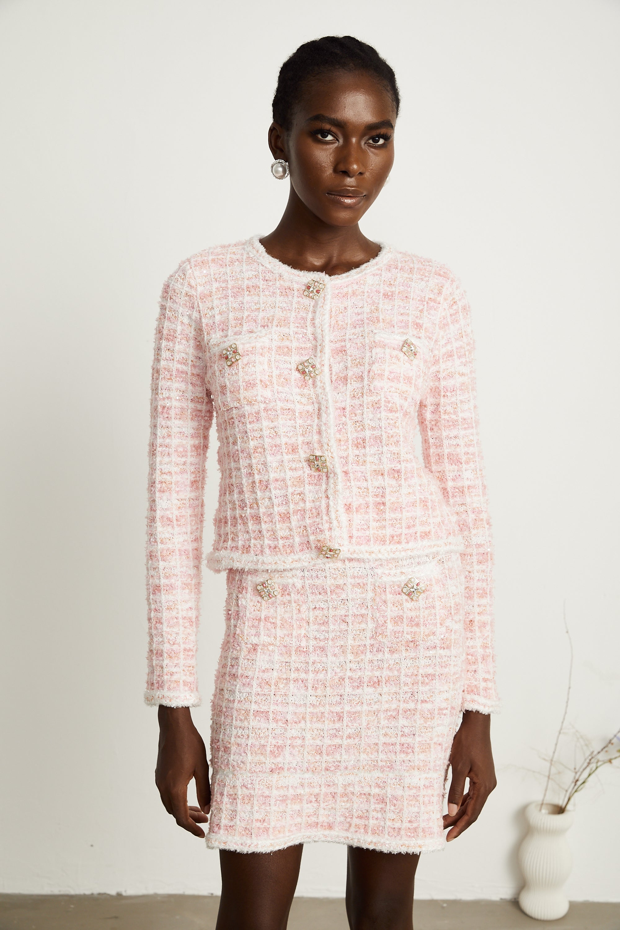 Capucine pink check-pattern cardigan & skirt matching set (Final Sale-US Only)