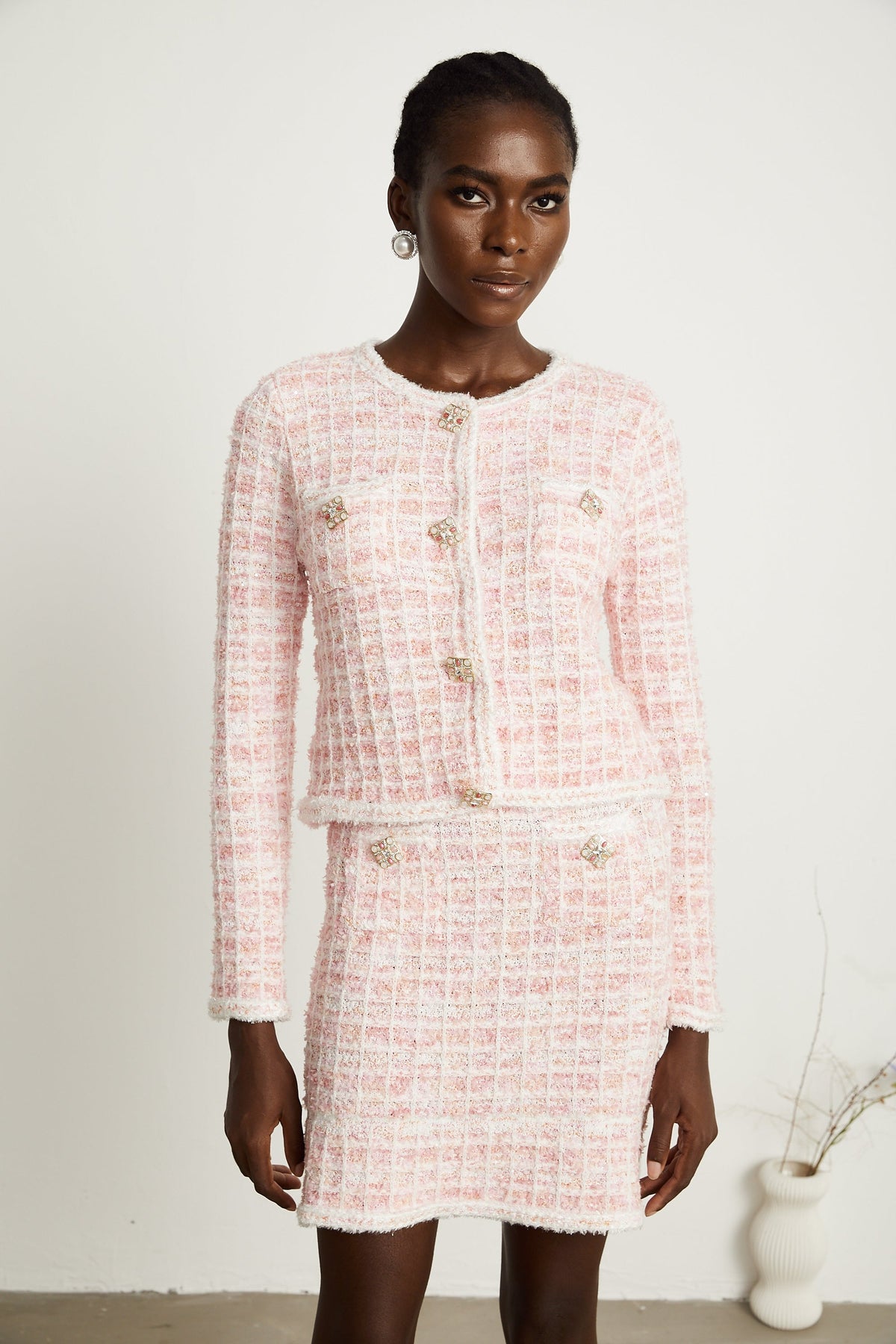 Capucine pink check-pattern cardigan & skirt matching set (Final Sale-US Only)
