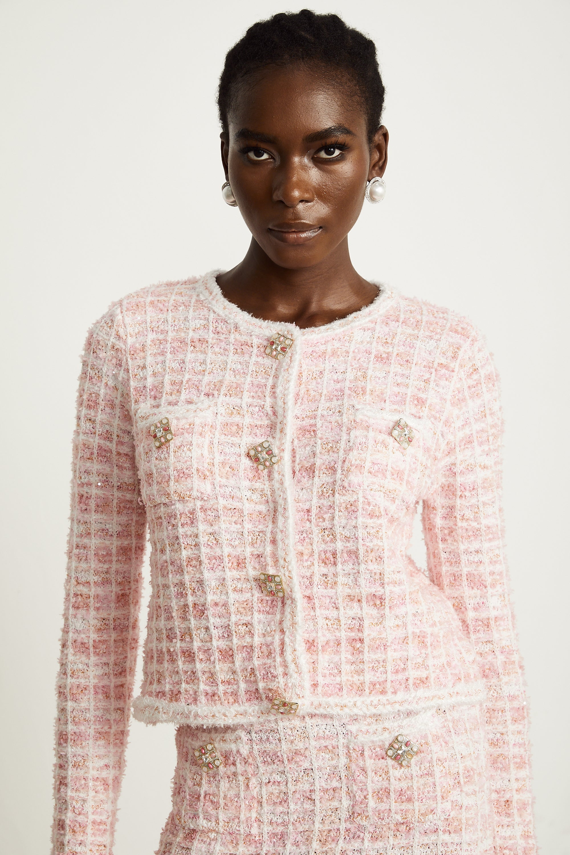 Capucine pink check-pattern cardigan & skirt matching set (Final Sale-US Only)