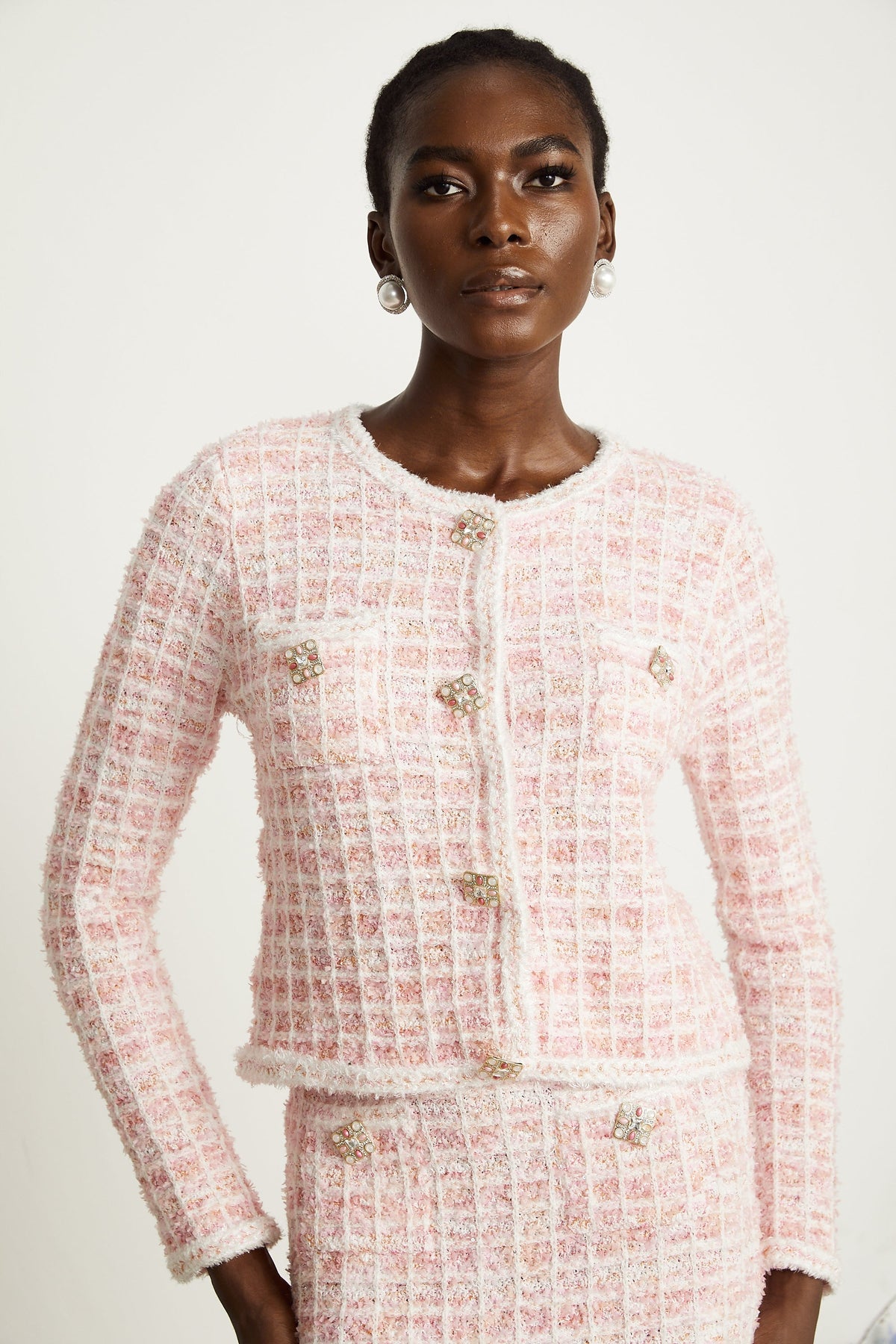 Capucine pink check-pattern cardigan & skirt matching set