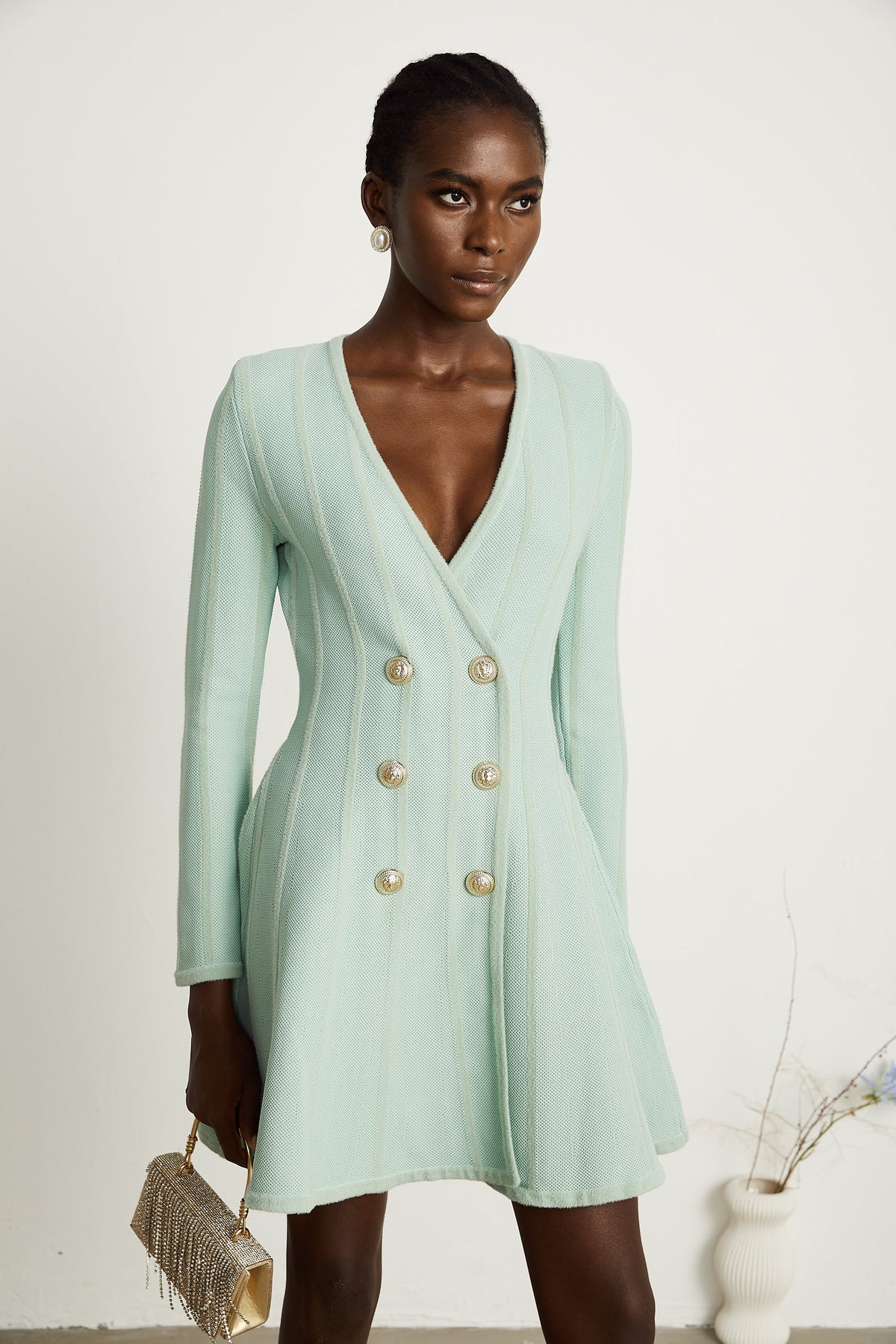 Célestine green ribbed-knit flared mini dress