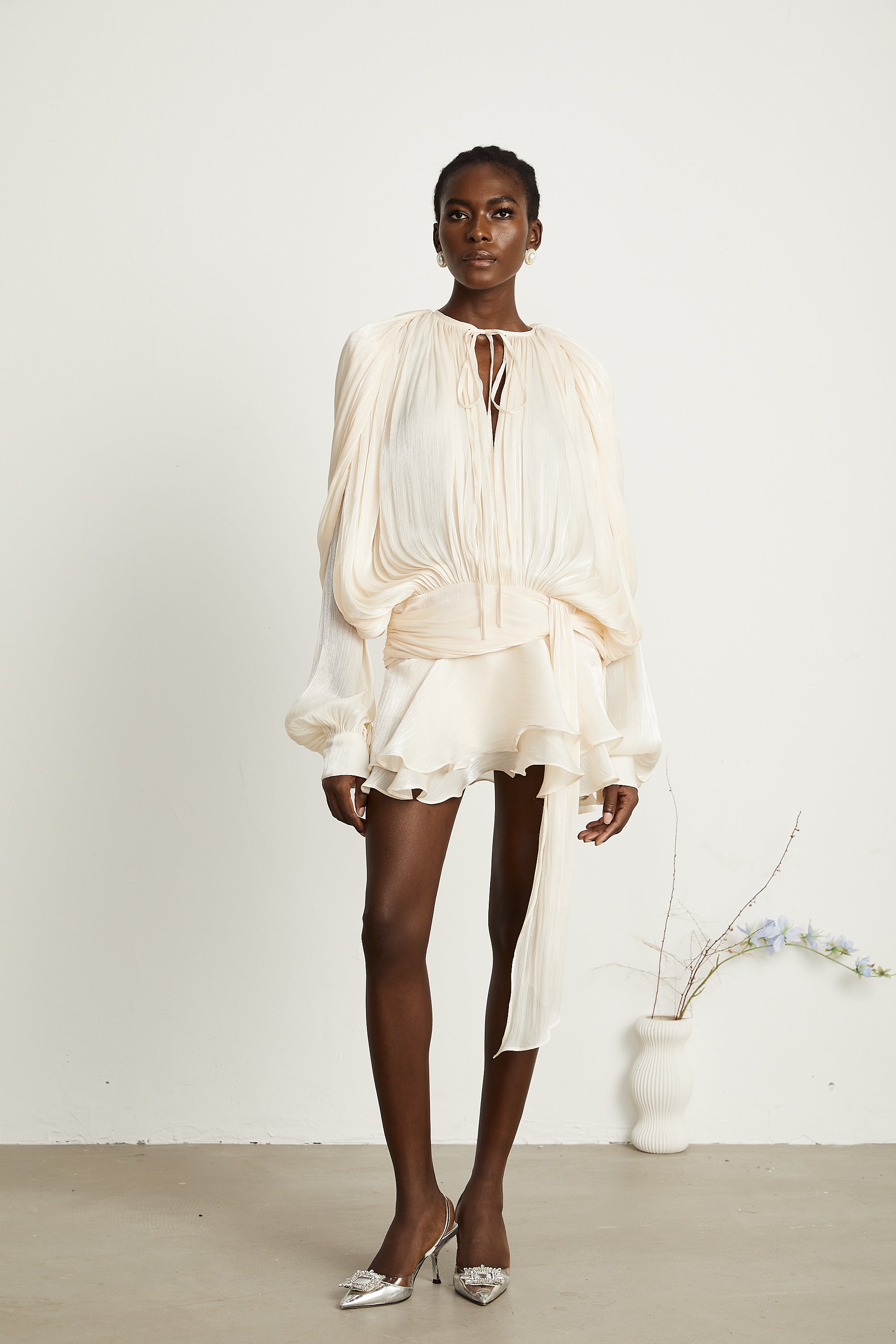 Eugénie fully-pleated ruffled mini dress in Neutrals