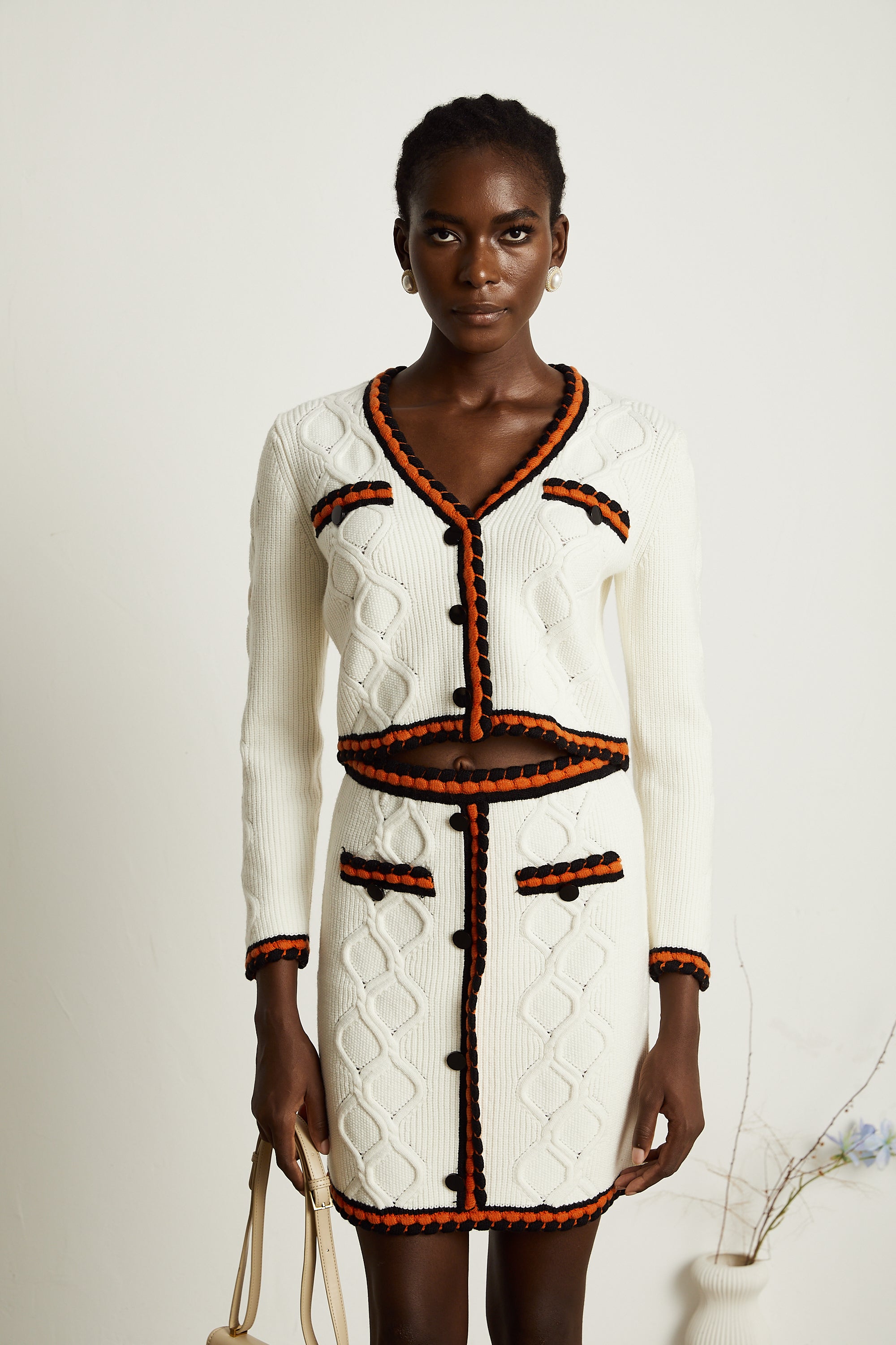 Cécilie contrast-trim knitted cardigan & skirt matching set (Final Sale-US Only)