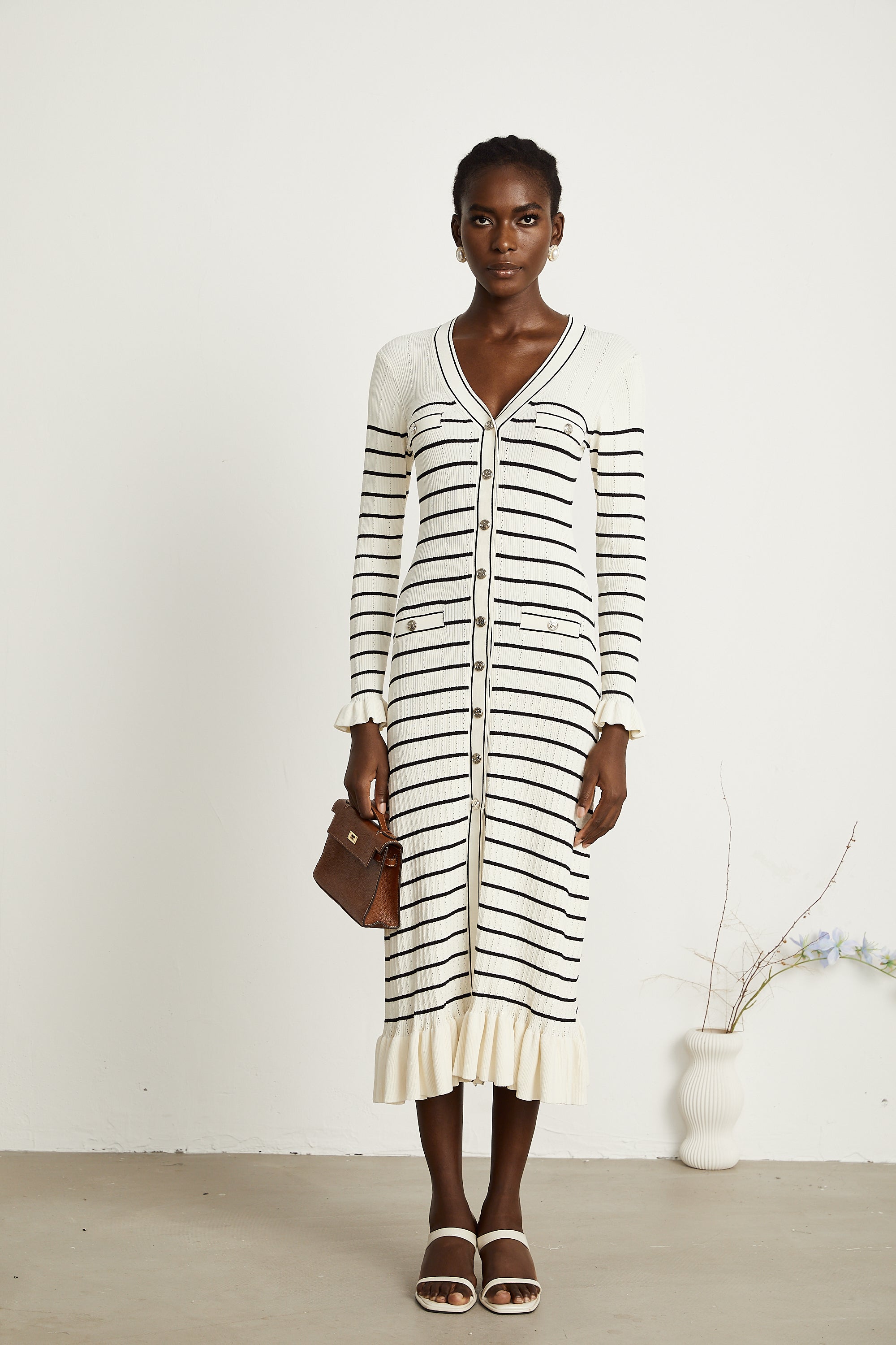 Liana white striped fluted-hem midi dress (Final Sale-US Only)