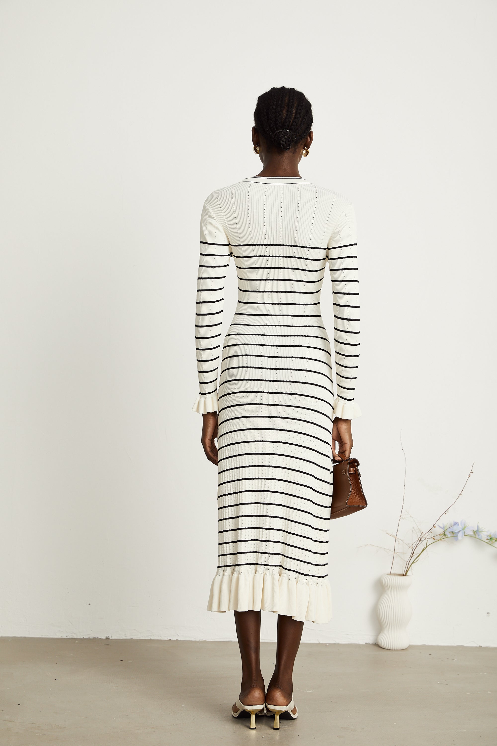 Liana white striped fluted-hem midi dress (Final Sale-US Only)