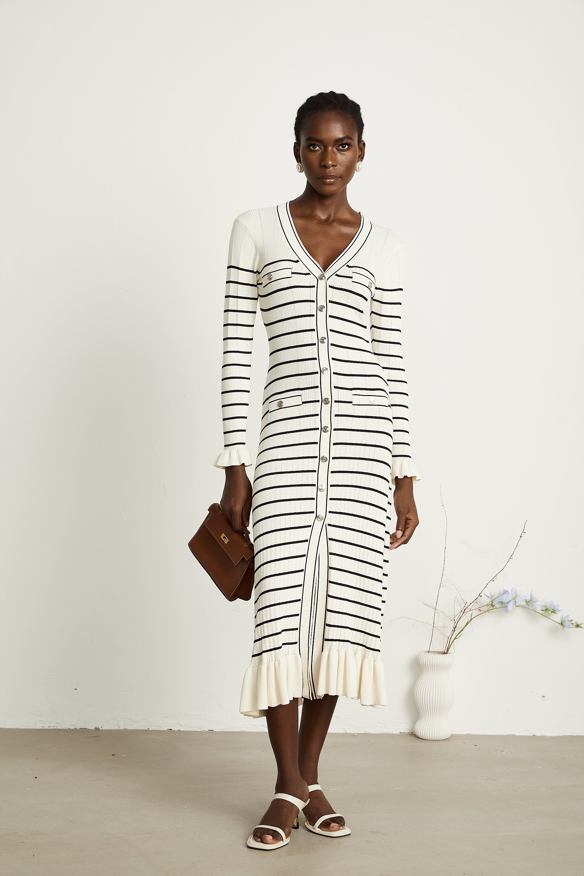 Liana white striped fluted-hem midi dress (Final Sale-US Only)
