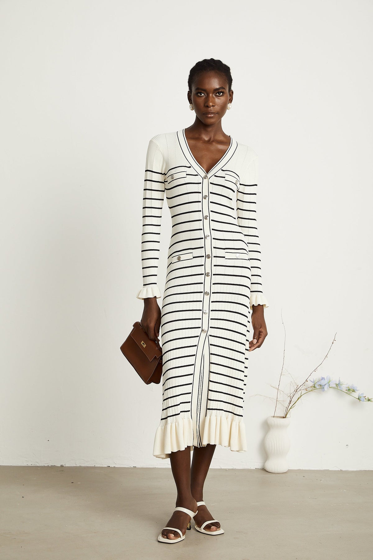 Liana white striped fluted-hem midi dress (Final Sale-US Only)