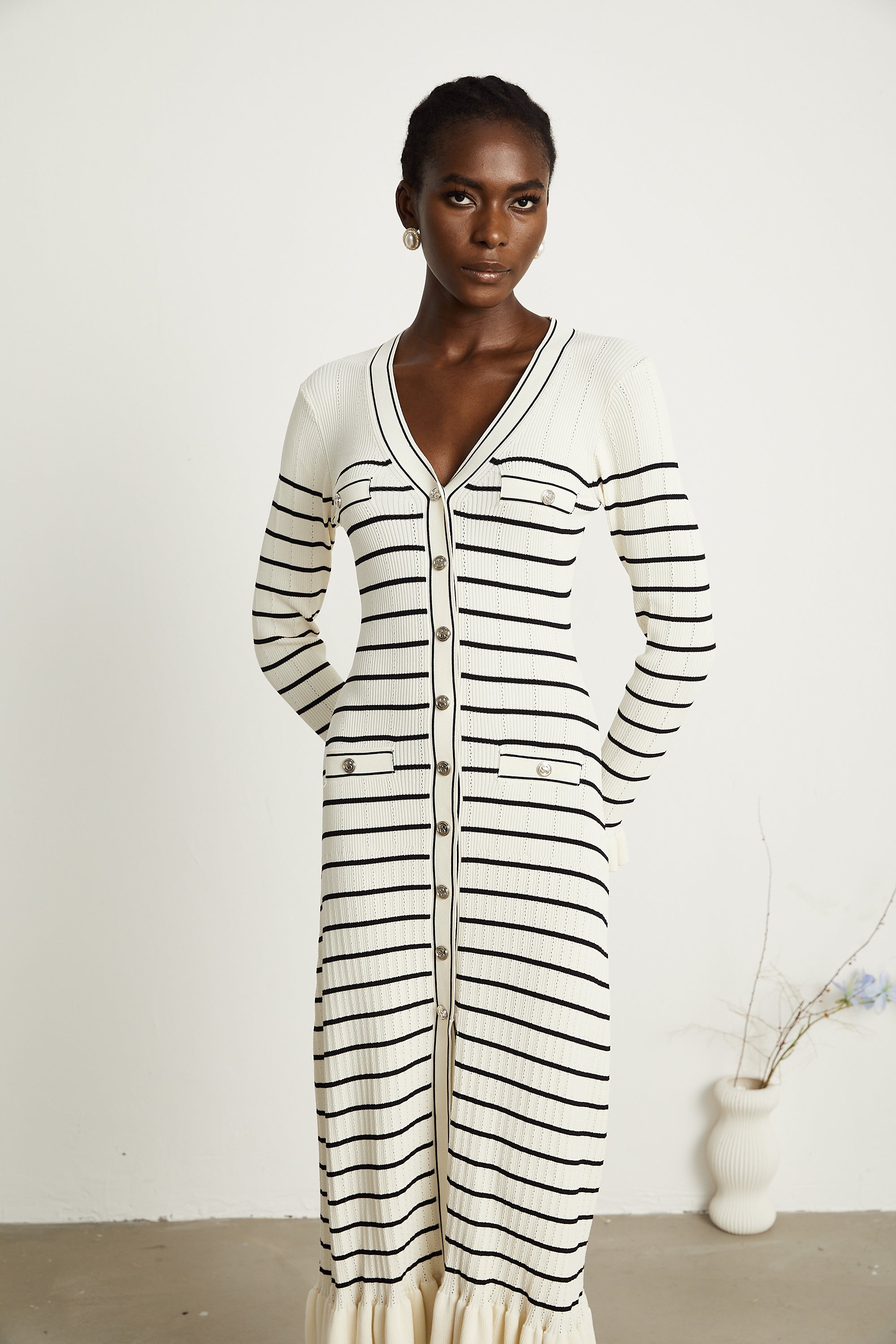 Liana white striped fluted-hem midi dress (Final Sale-US Only)
