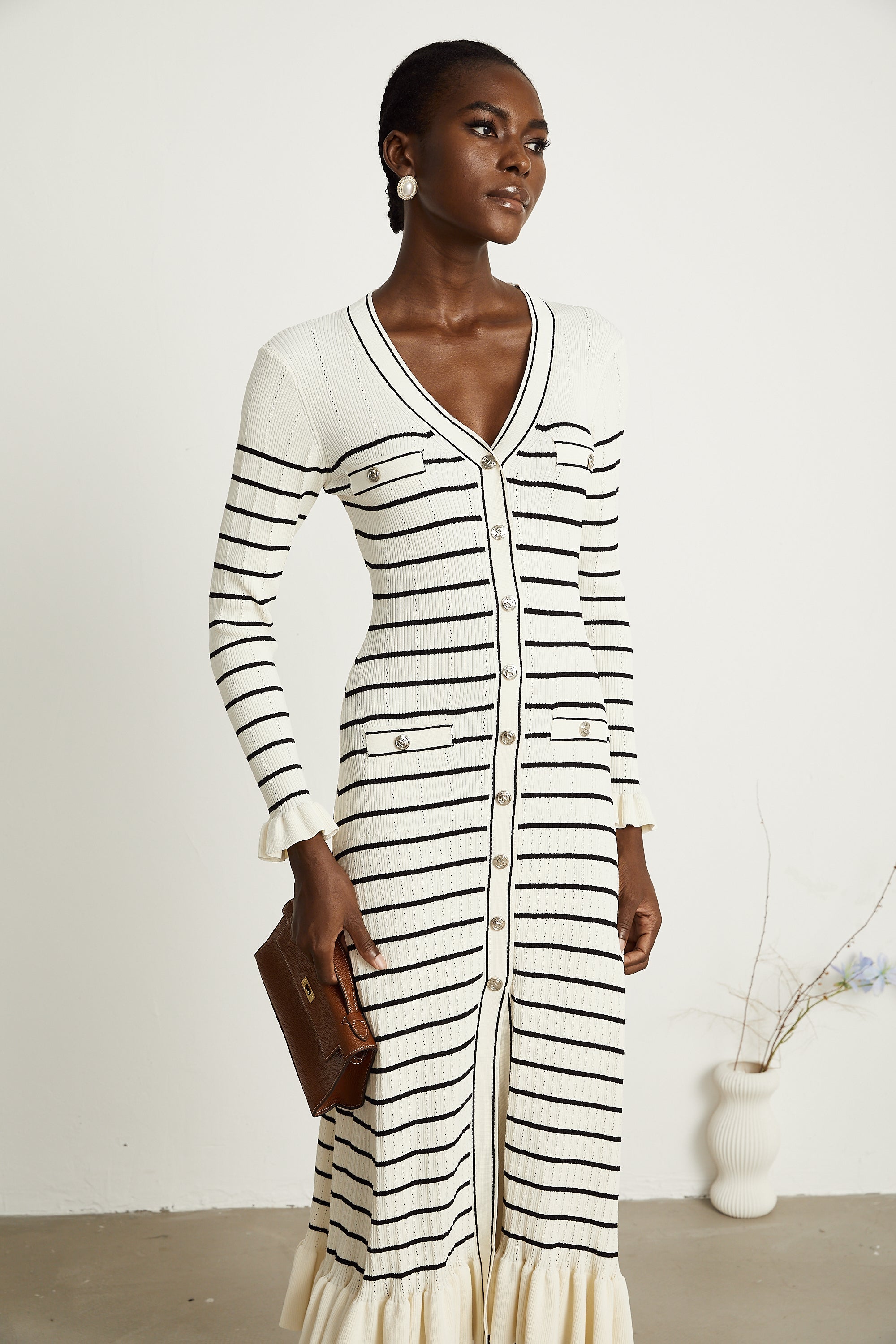 Liana white striped fluted-hem midi dress (Final Sale-US Only)