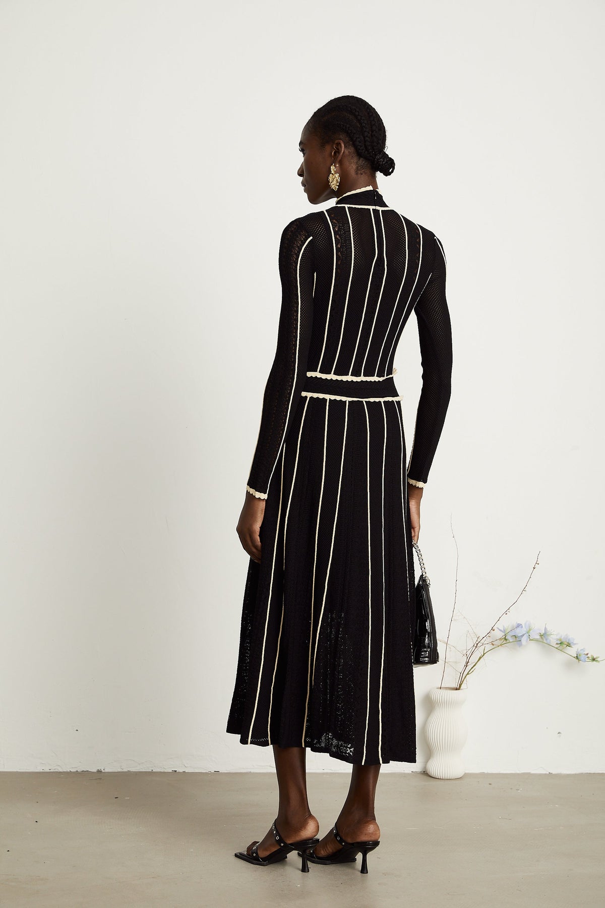 Maëlys black vertical-stripe netted maxi dress