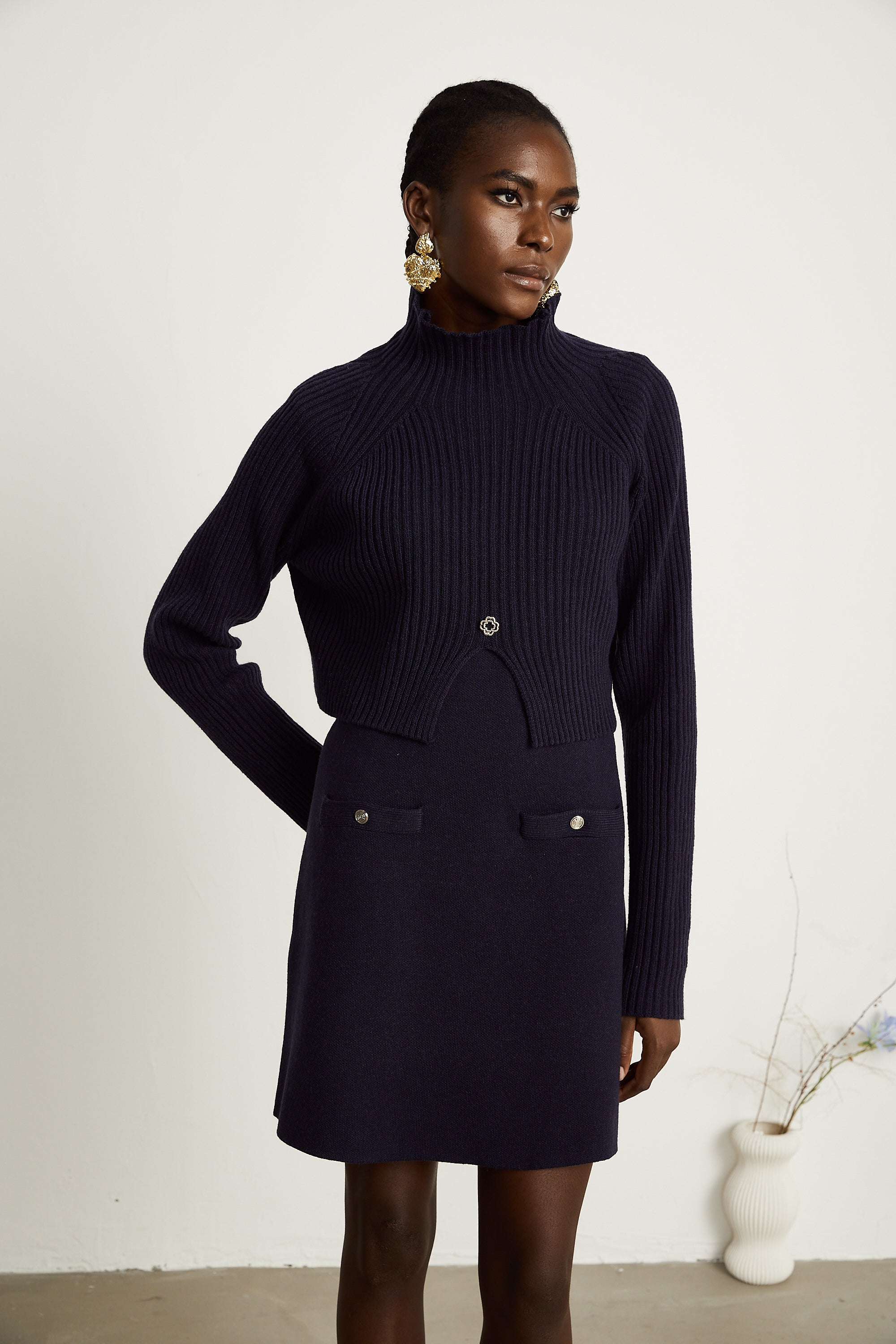 Clarisse dark-blue knitted top & dress matching set