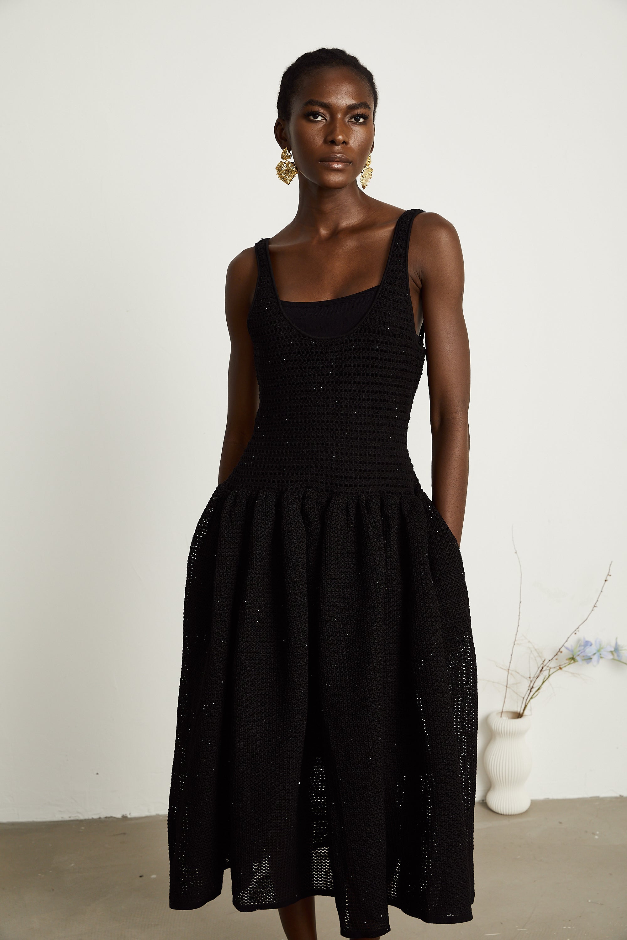 Clotilde black crochet-knit midi dress (Final Sale)