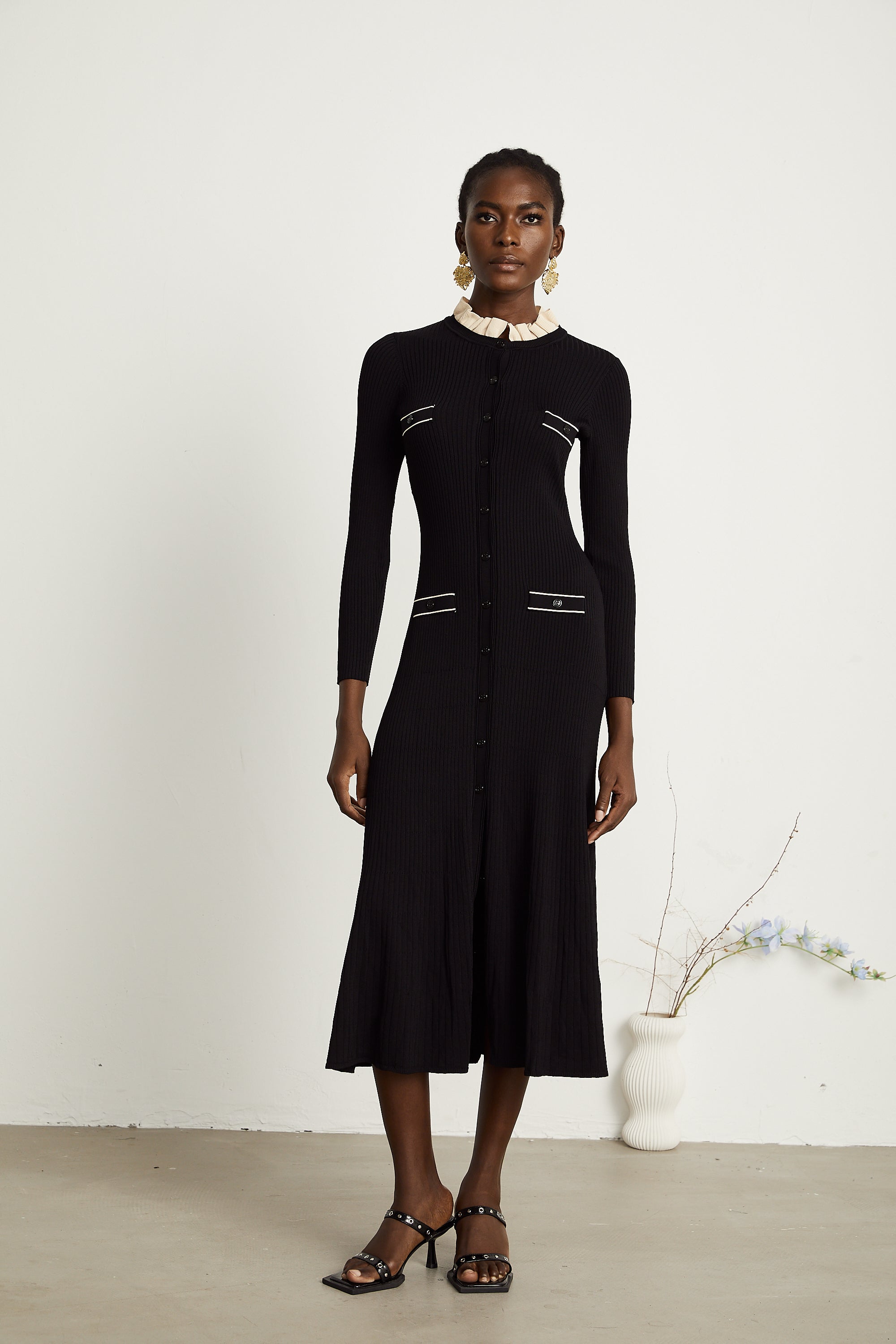 Nadège black ruffled-neck knitted midi dress (Final Sale-US Only)