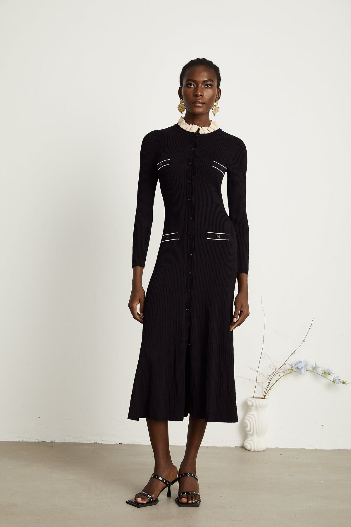 Nadège black ruffled-neck knitted midi dress (Final Sale-US Only)