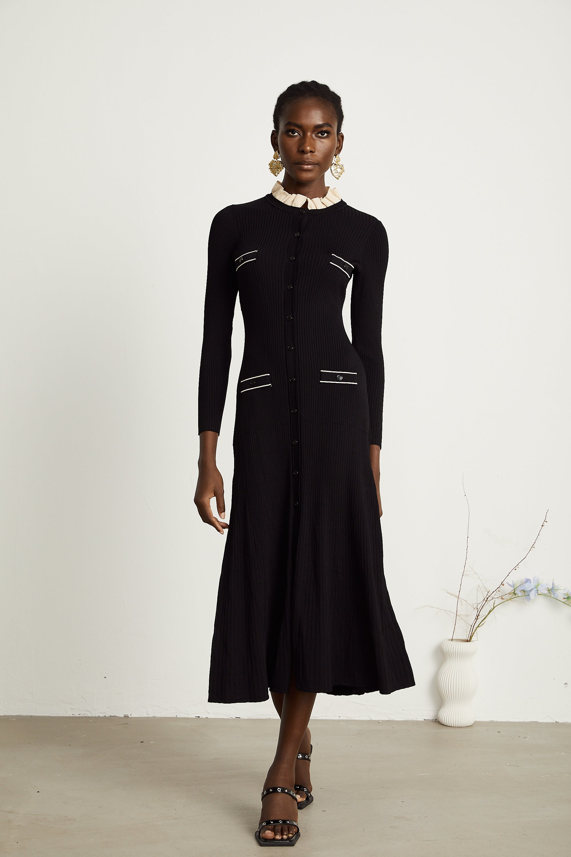 Nadège black ruffled-neck knitted midi dress - Black