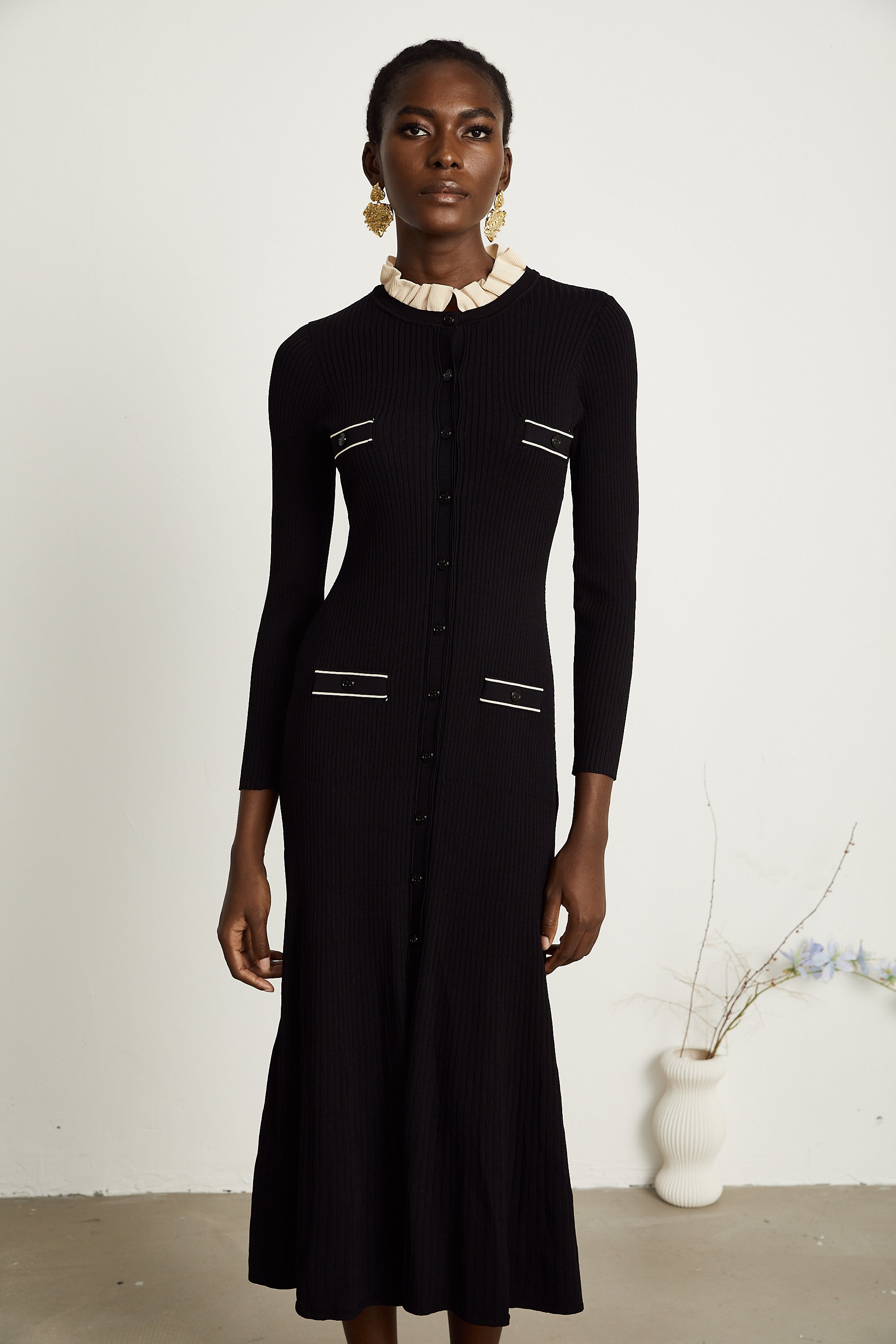 Nadège black ruffled-neck knitted midi dress - Black