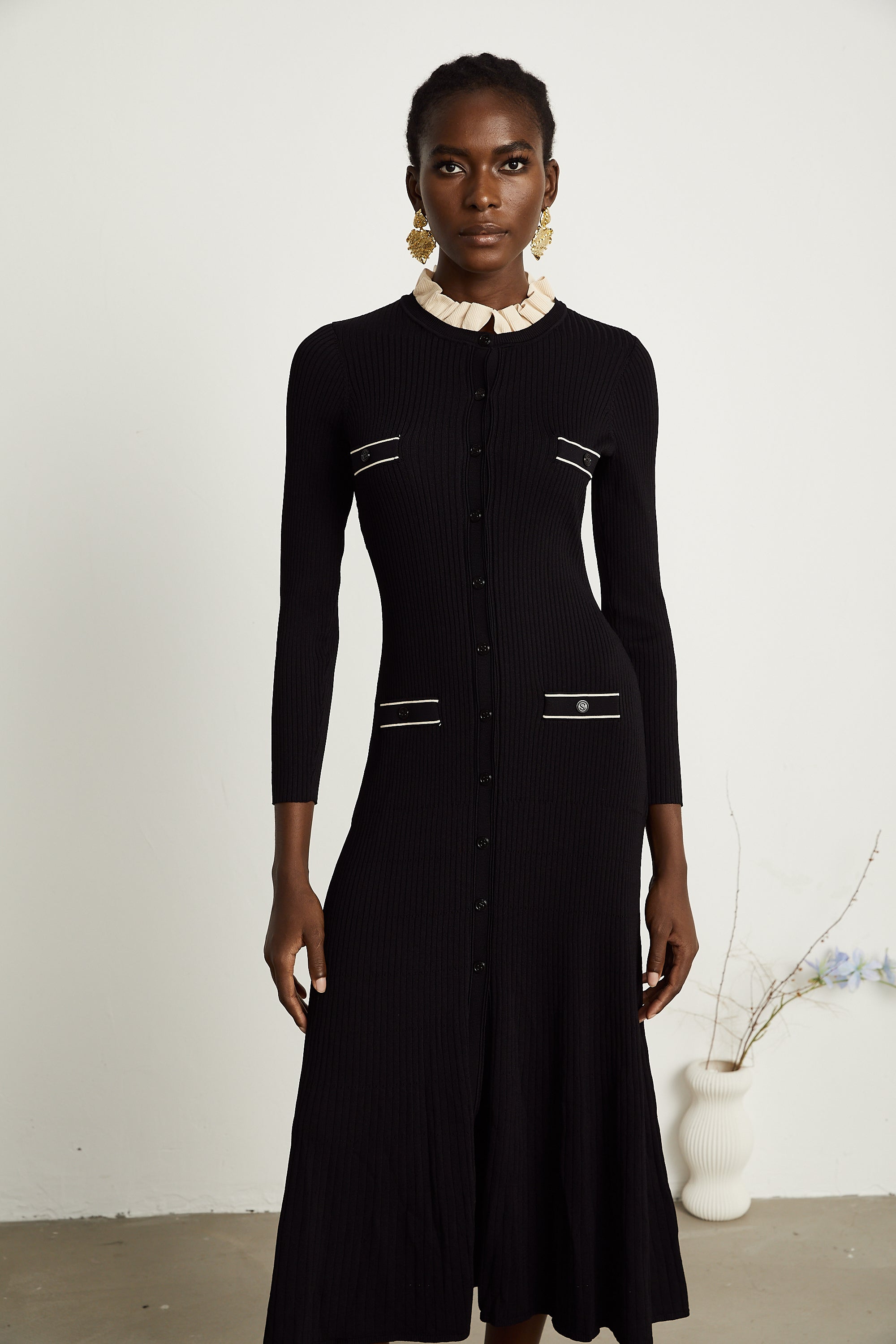 Nadège black ruffled-neck knitted midi dress - Black