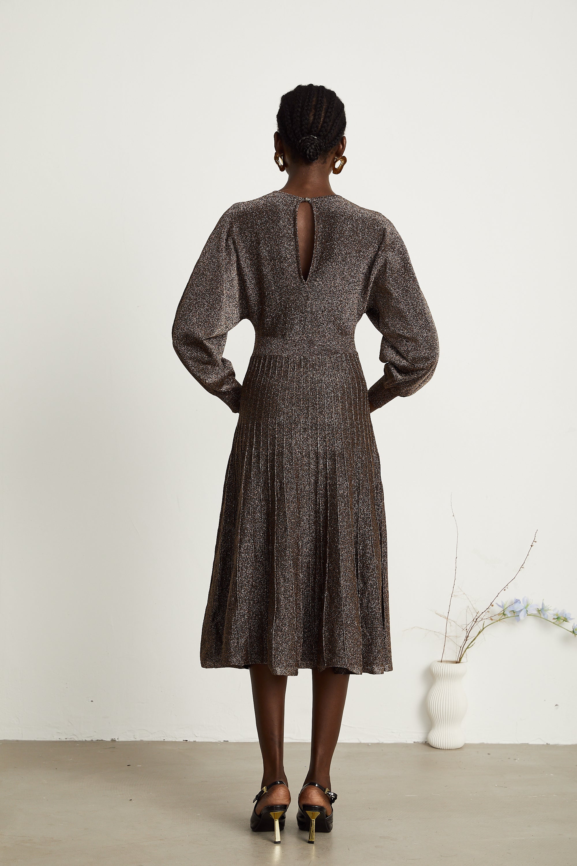 Cordélia brown metallic-threading ribbed midi dress (US Only)