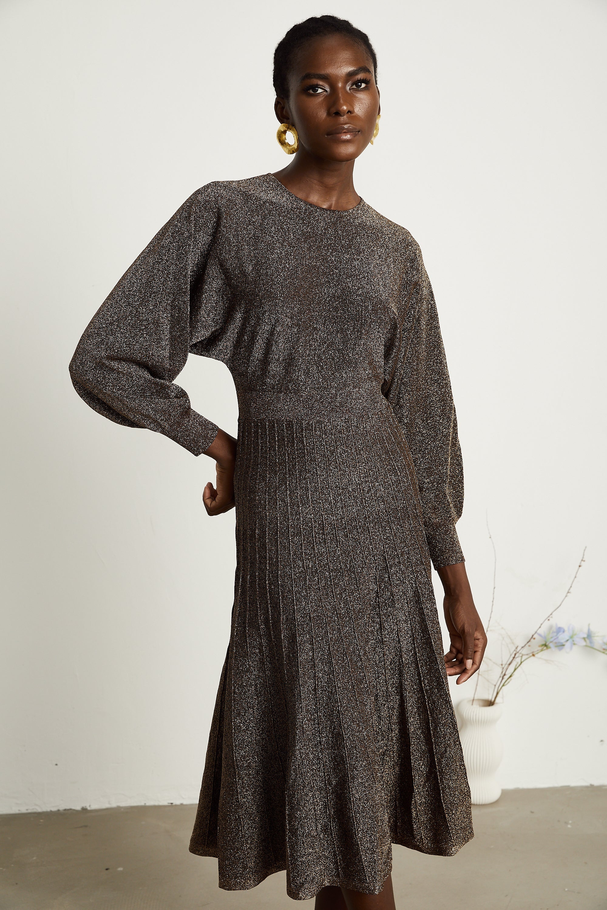 Cordélia brown metallic-threading ribbed midi dress (US Only)