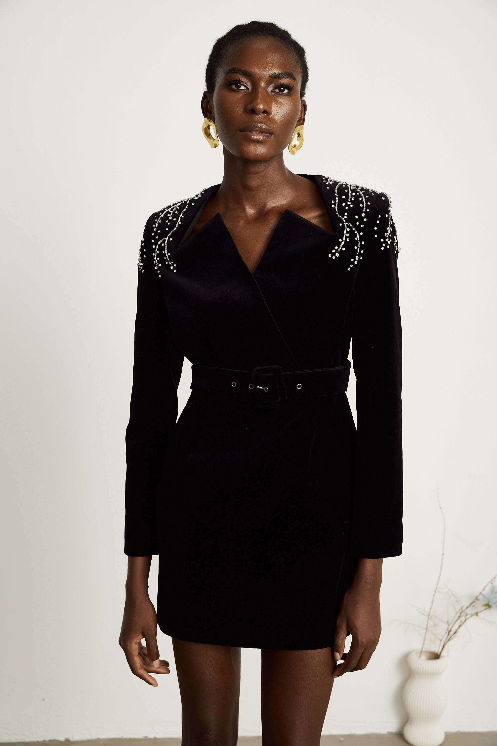 Émilie black crystal-embellished velvet mini dress