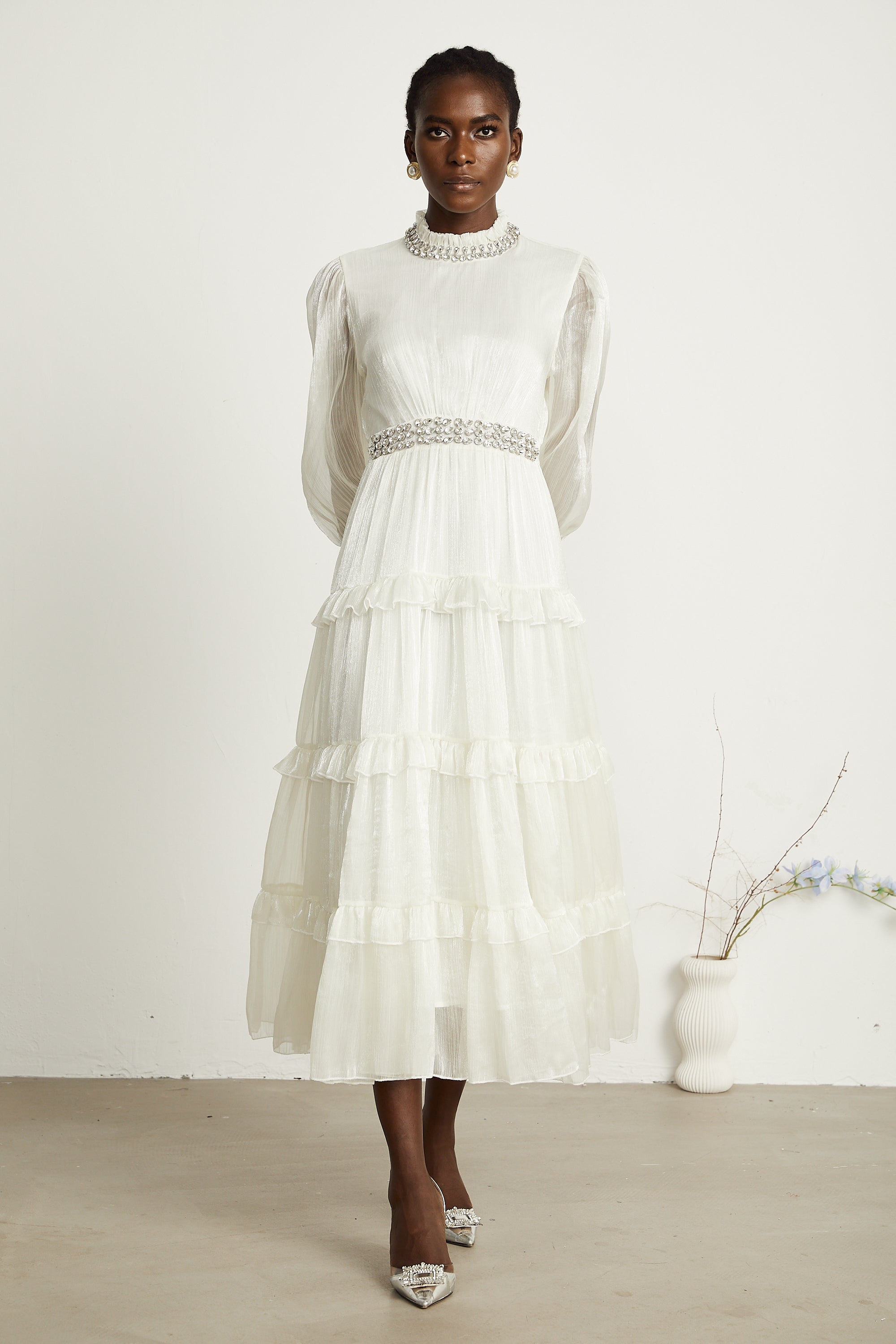 Raphaëlle crystal-embellished tiered midi dress
