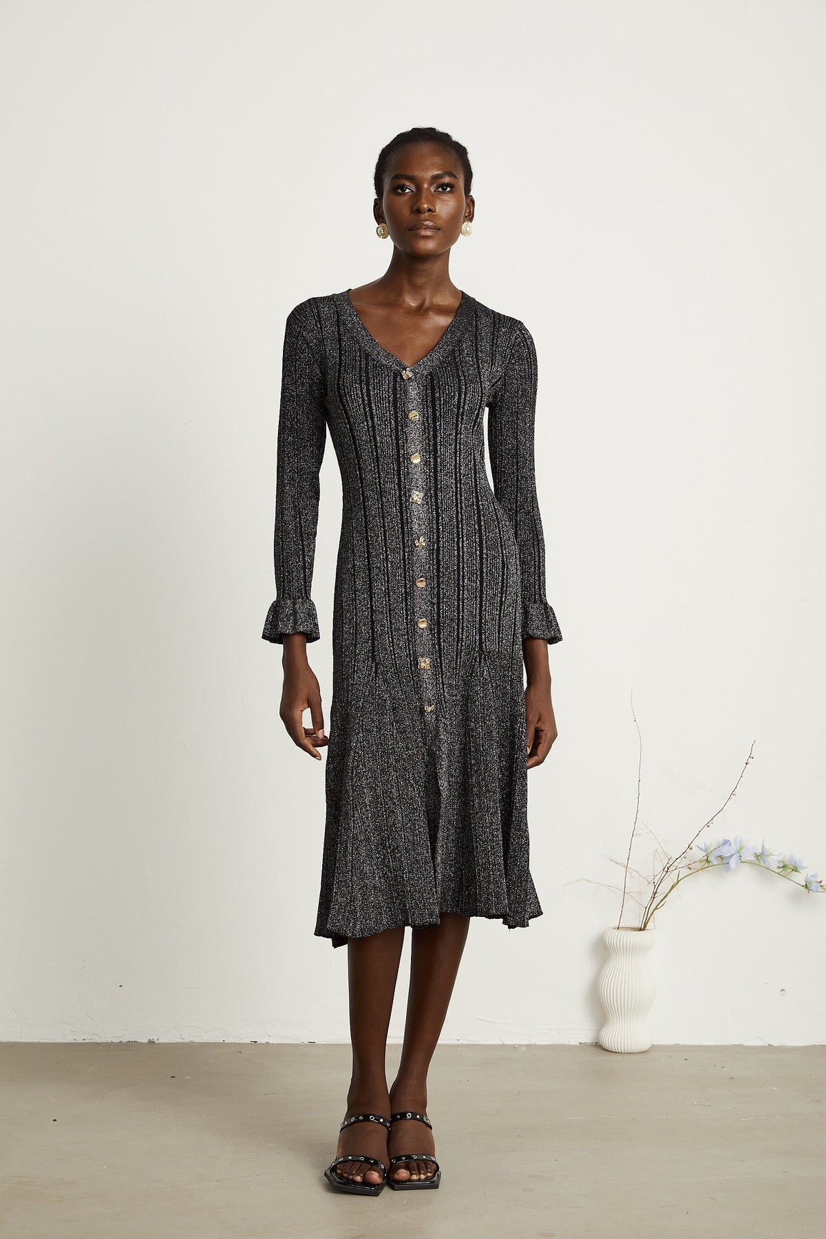 Ophélie black flounced metallic midi dress