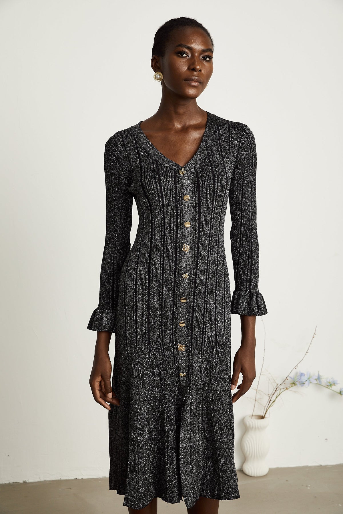 Ophélie black flounced metallic midi dress