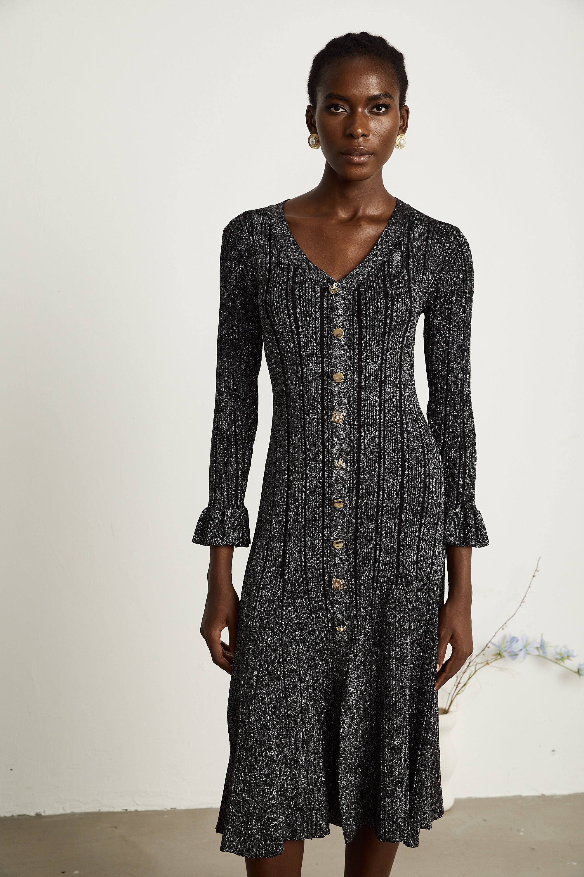 Ophélie black flounced metallic midi dress