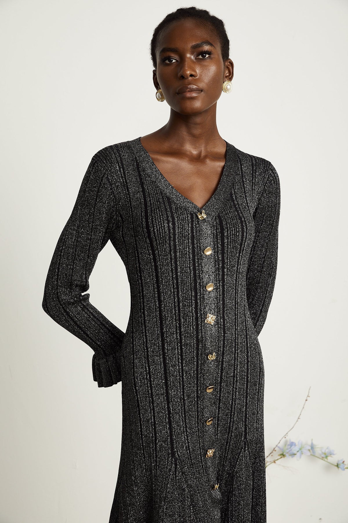 Ophélie black flounced metallic midi dress