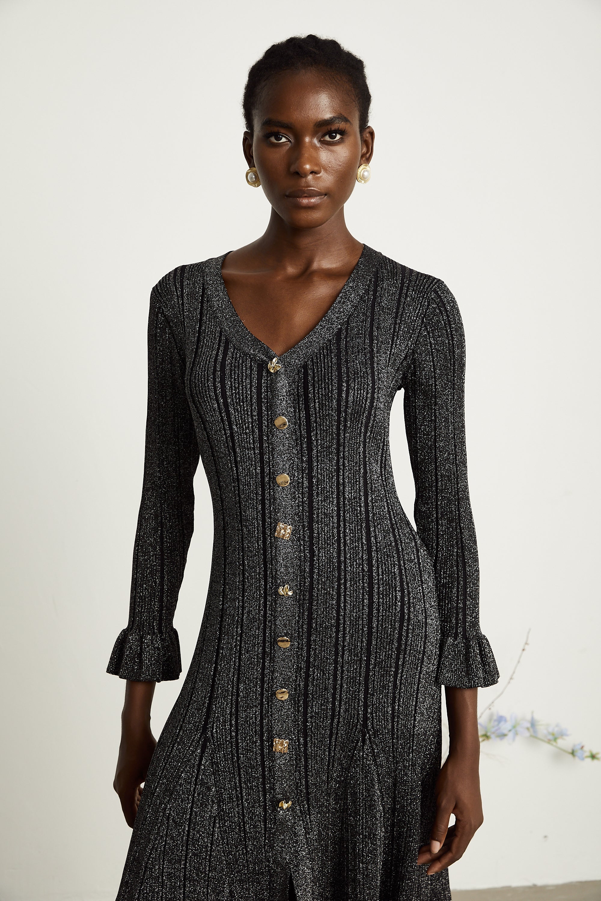 Ophélie black flounced metallic midi dress