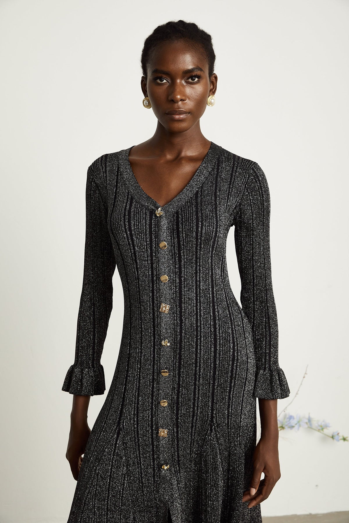 Ophélie black flounced metallic midi dress