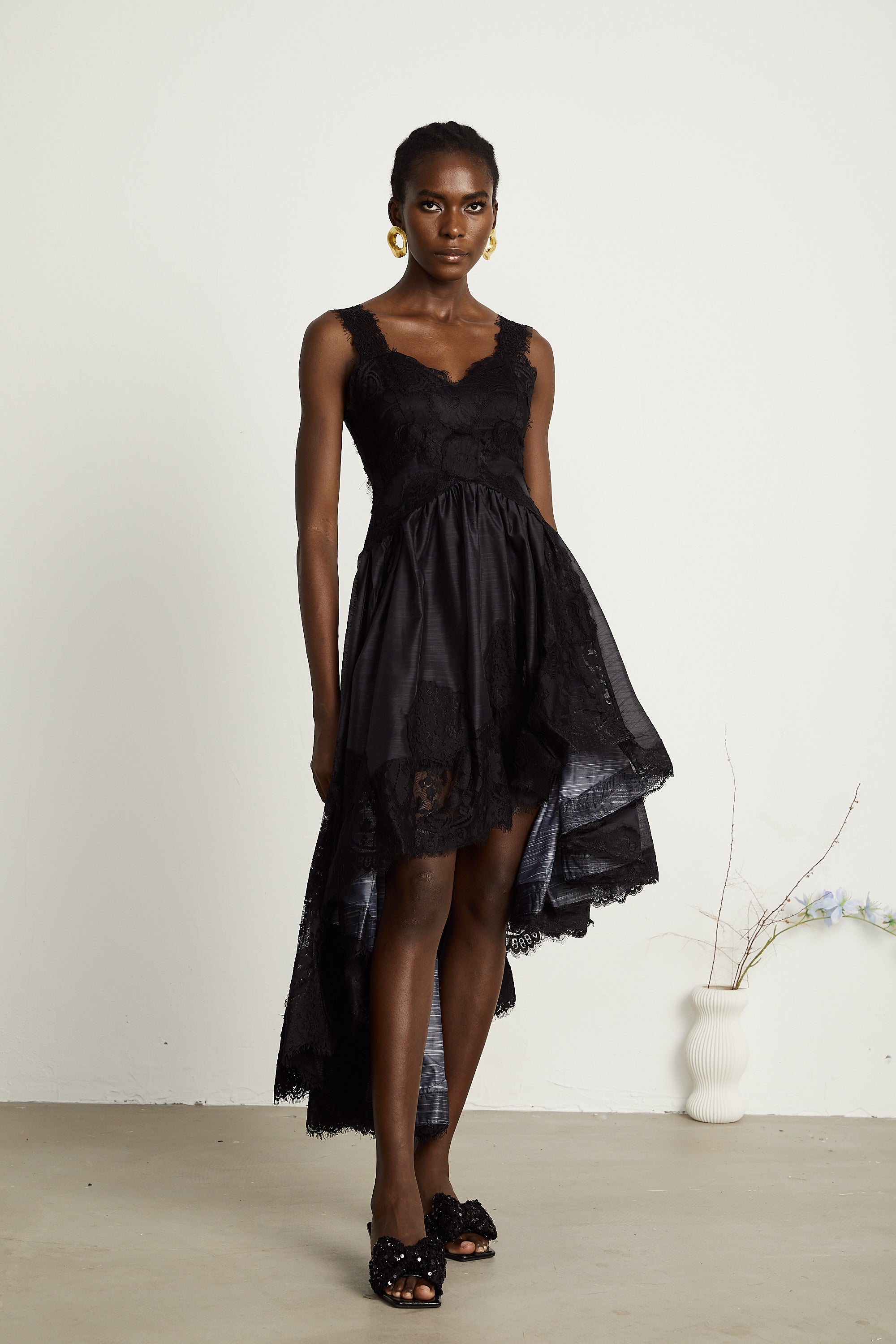 Renata black pleated asymmetrical midi dress (US Only)