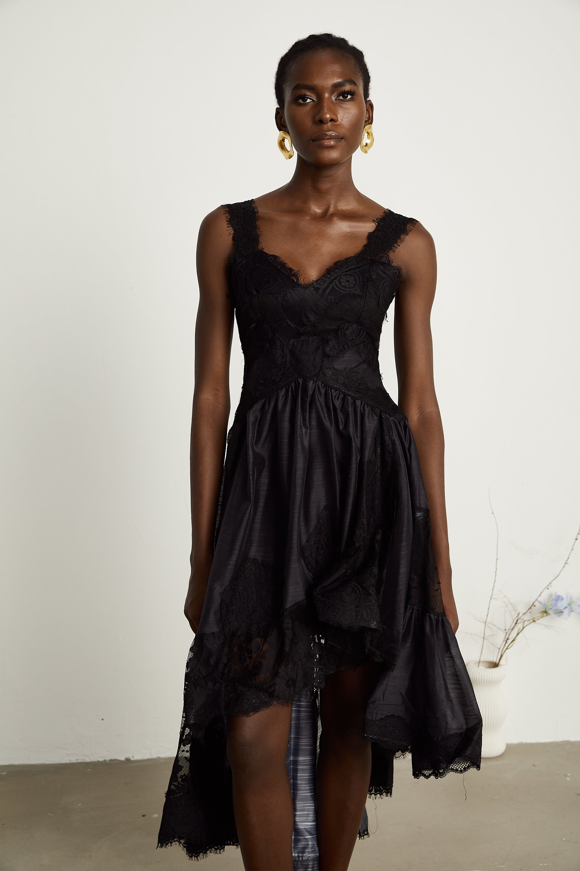 Renata black pleated asymmetrical midi dress (US Only)