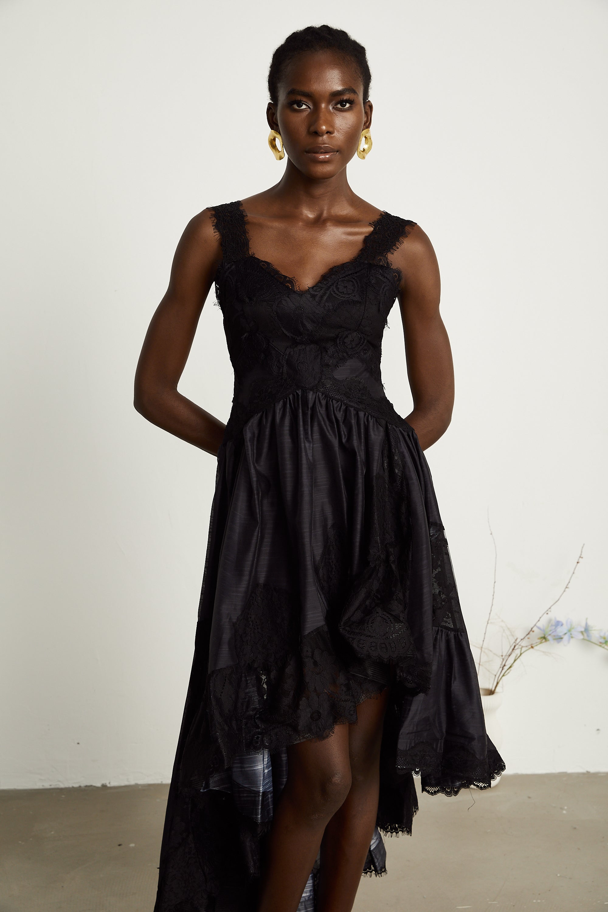 Renata black pleated asymmetrical midi dress (US Only)