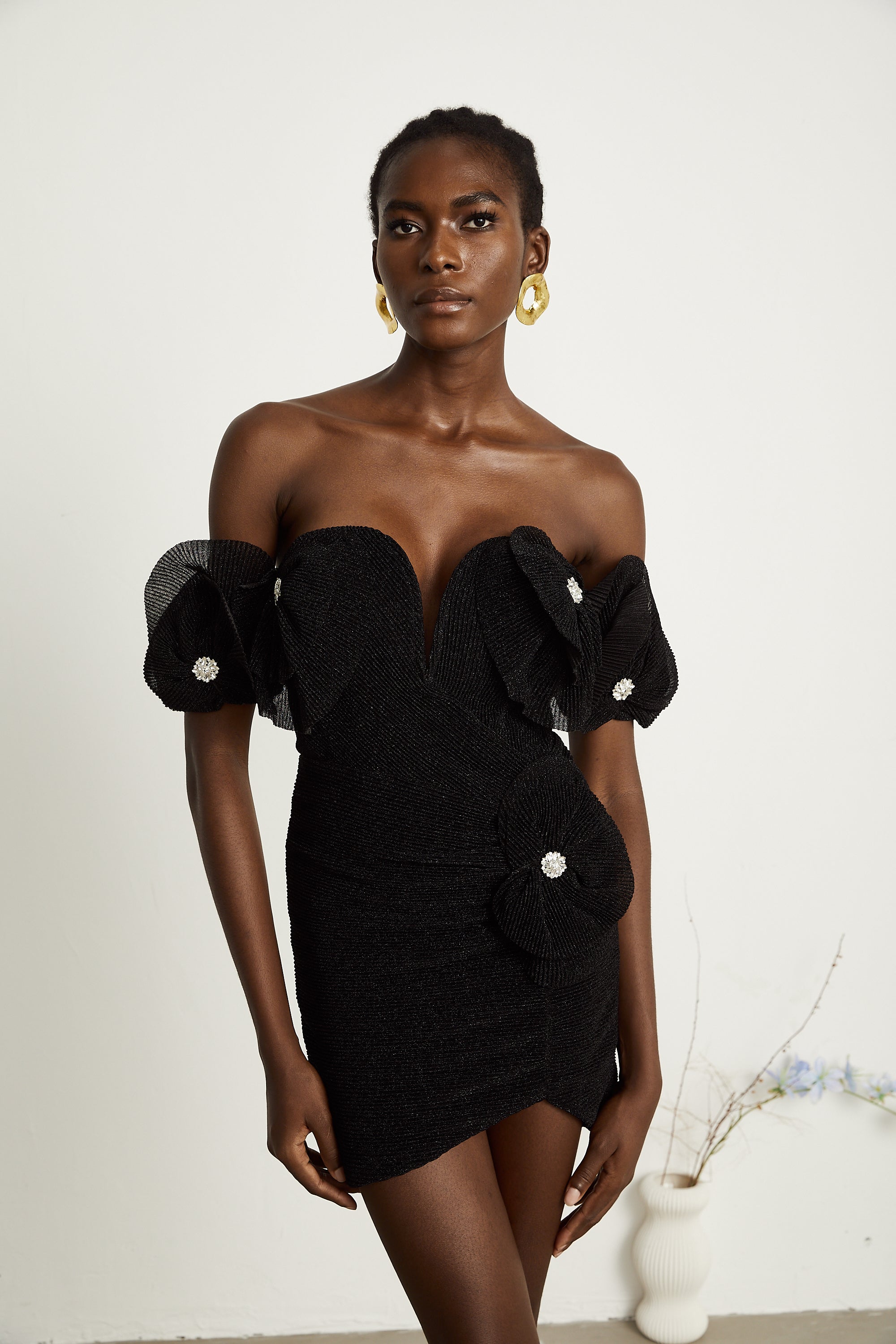 Odette black floral-appliqué mini dress