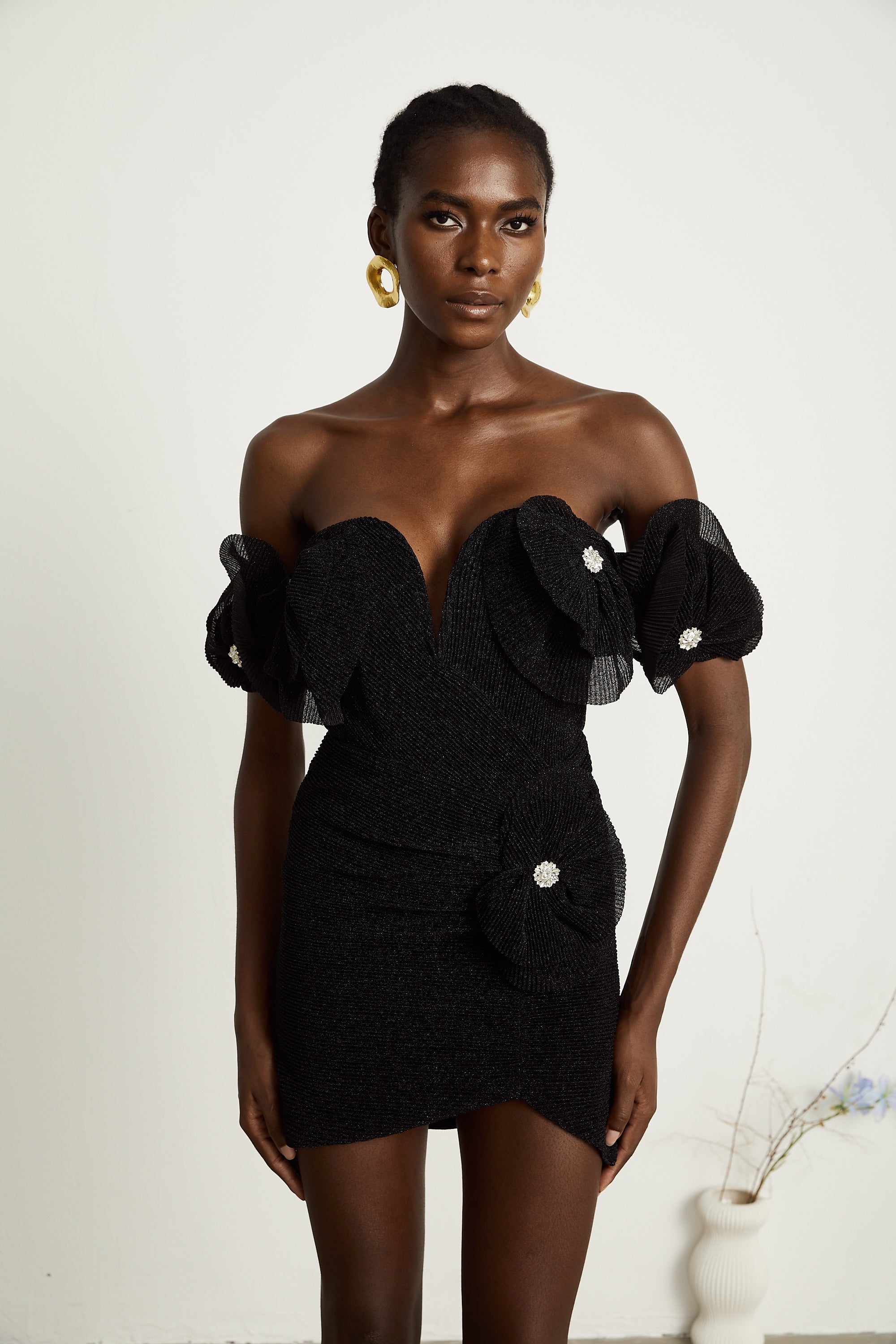 Odette black floral-appliqué mini dress