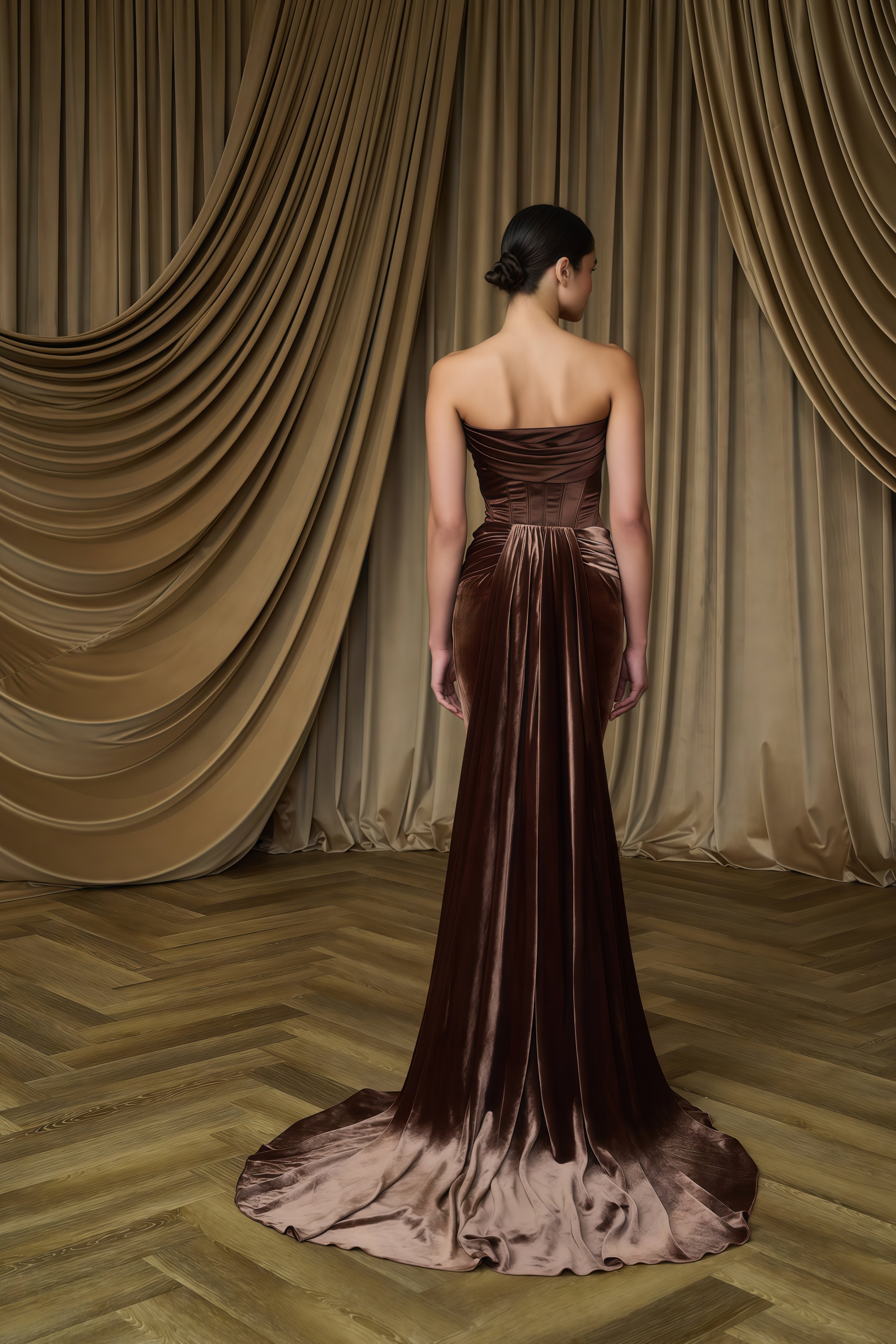 Zoé Brown Strapless Velvet Corset Maxi Gown