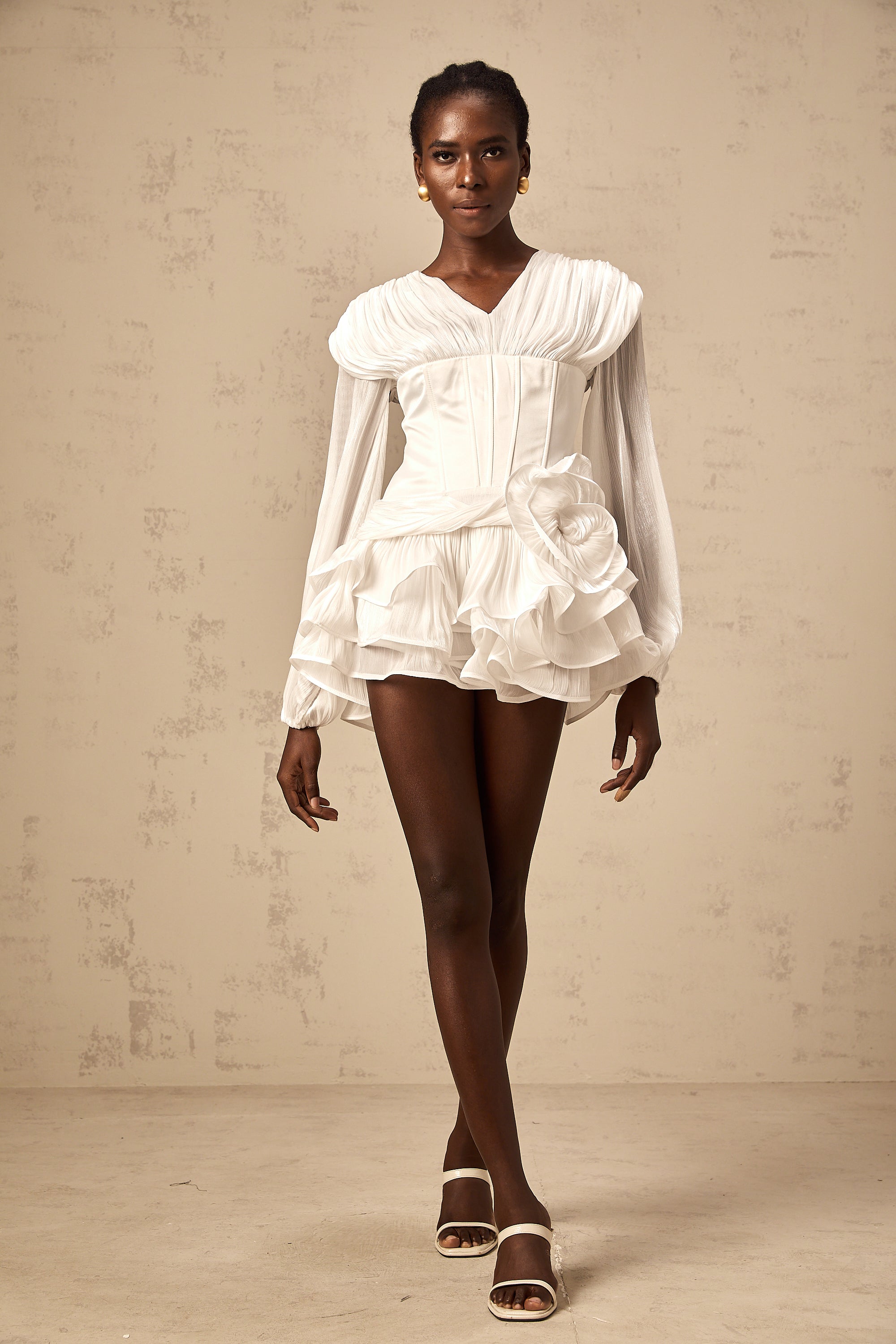 Rosier white fully-pleated cinched mini dress