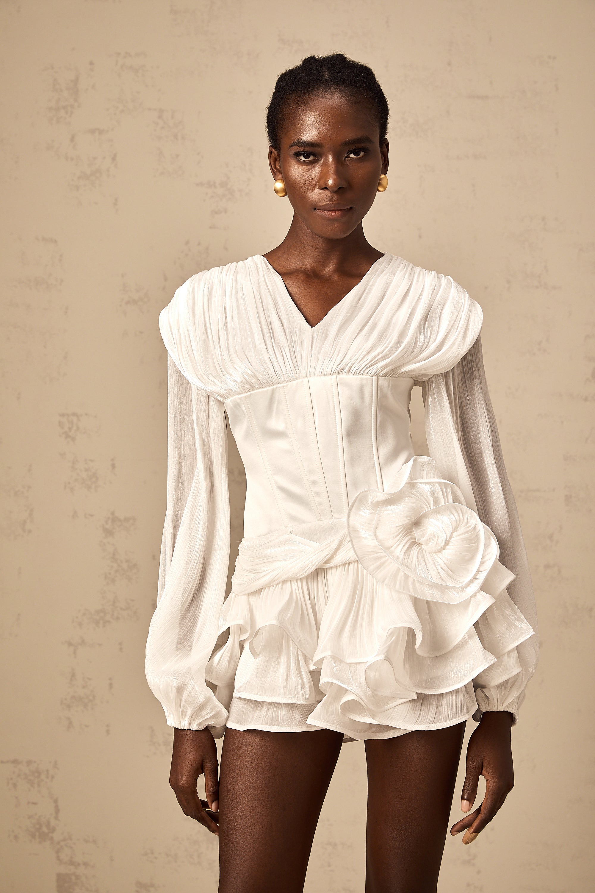 Rosier white fully-pleated cinched mini dress