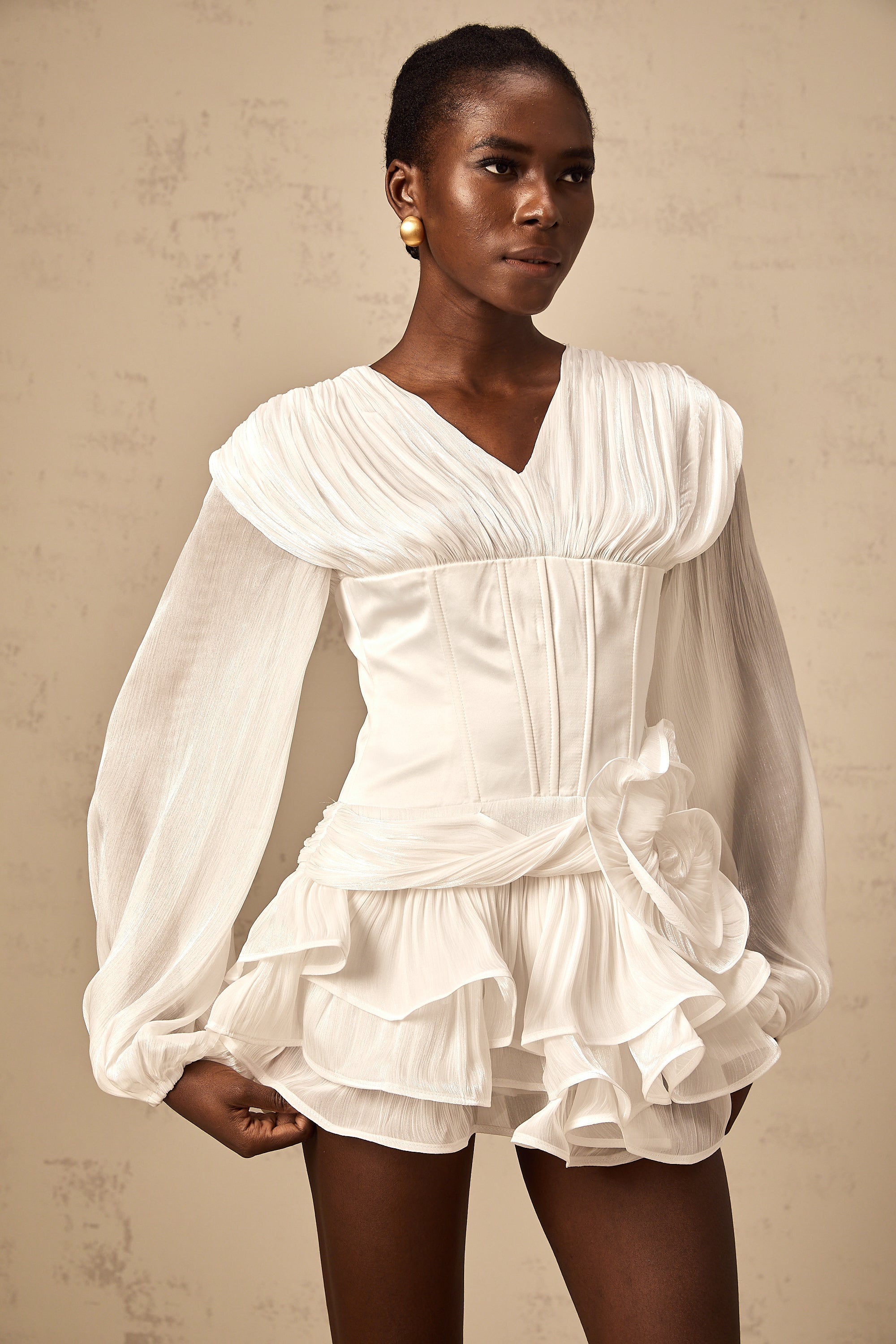 Rosier white fully-pleated cinched mini dress