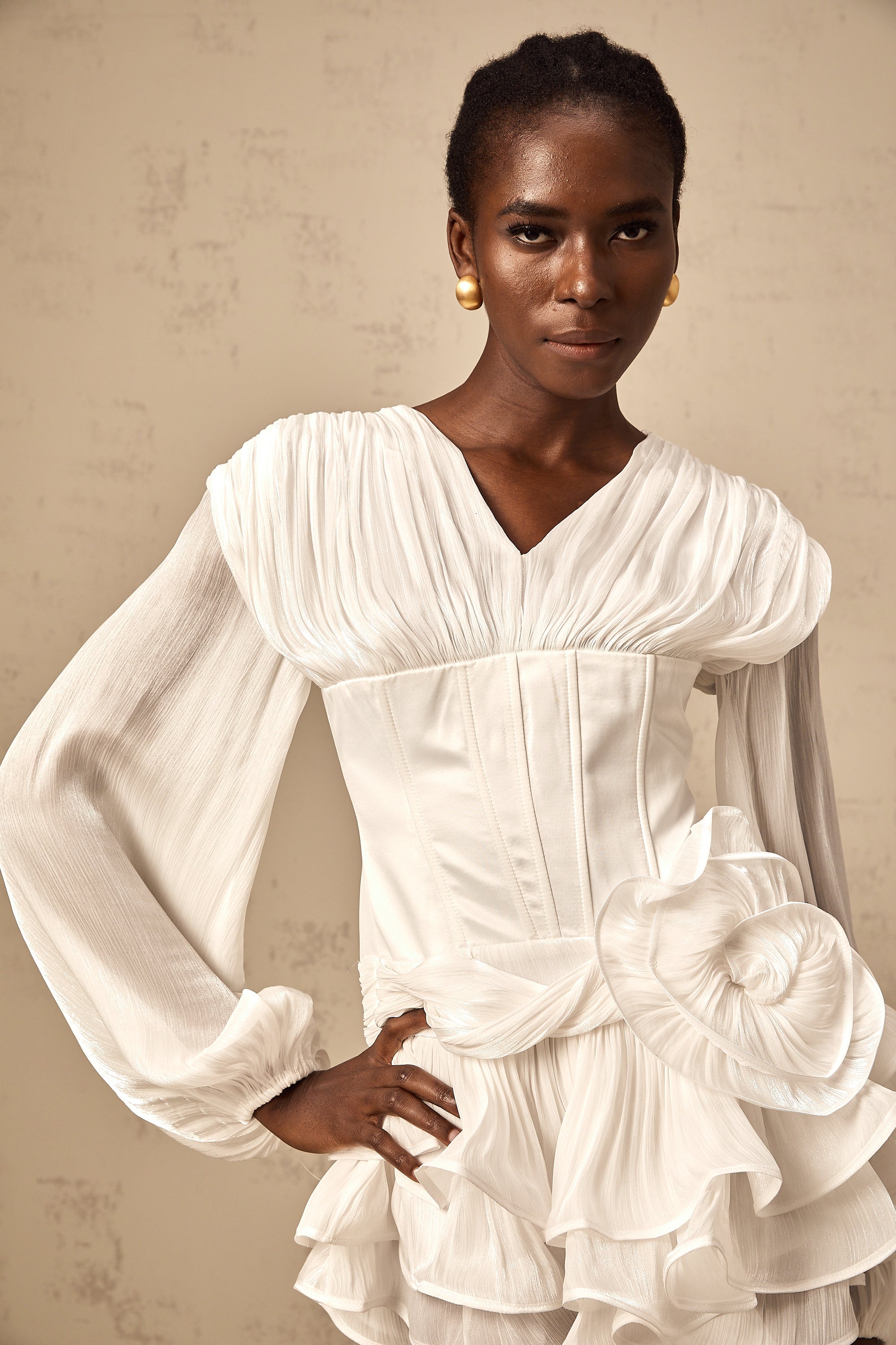 Rosier white fully-pleated cinched mini dress