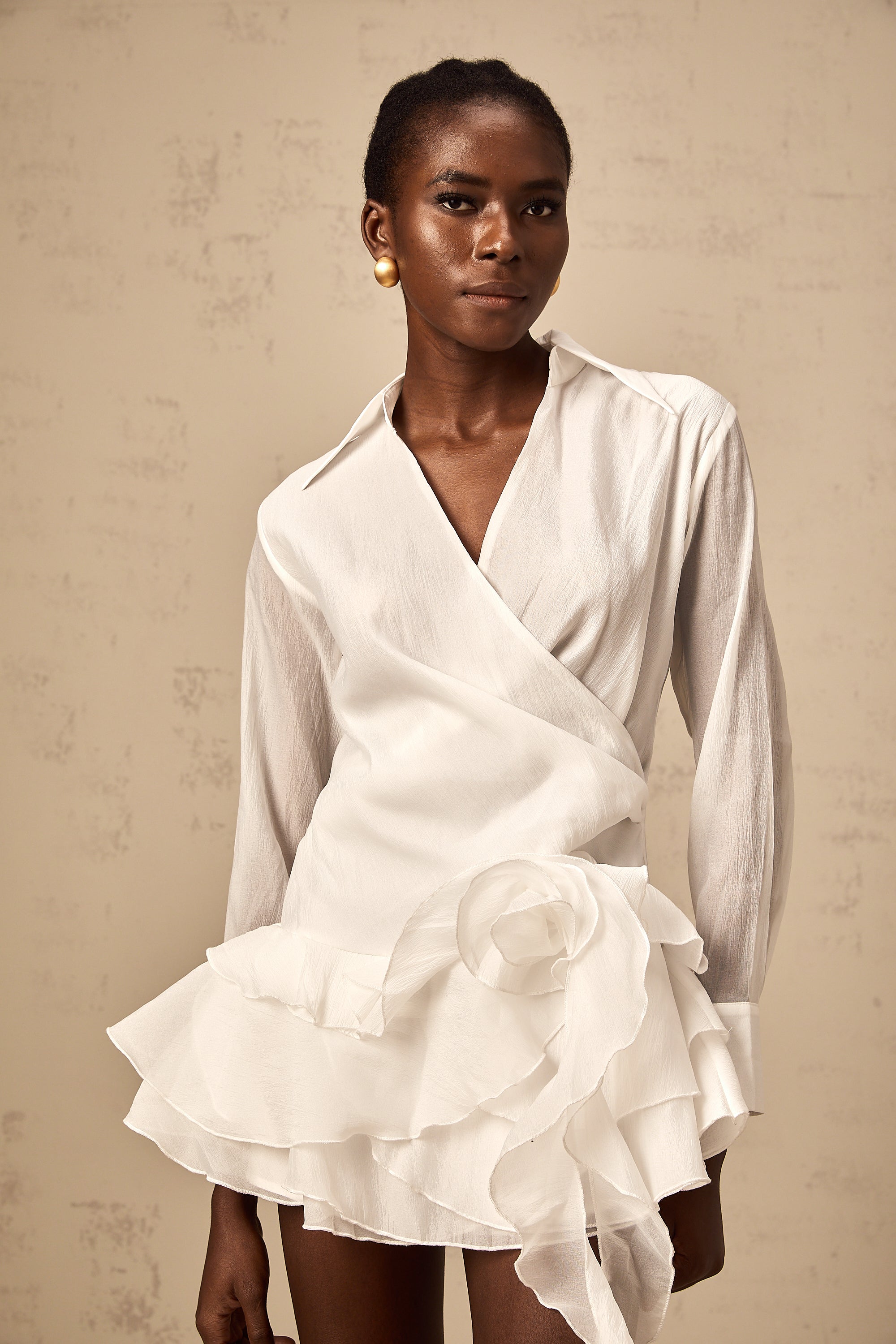 Solène white semi-sheer floral ruffled mini dress (Final Sale-US Only)